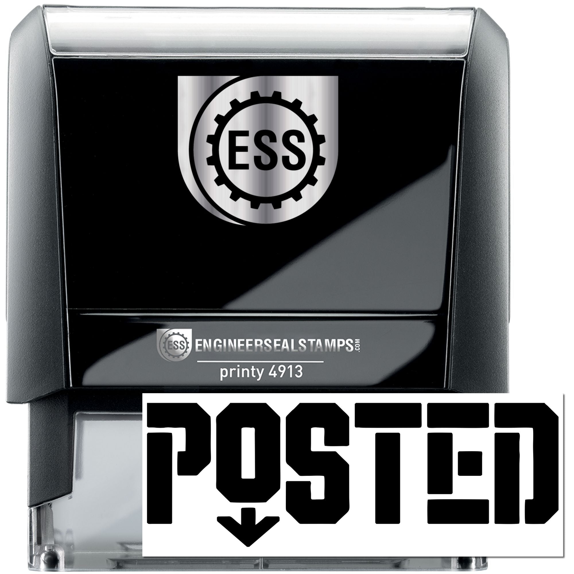 Black self-inking stamp with silver casing, ESS gear logo, and bold POSTED seal text.