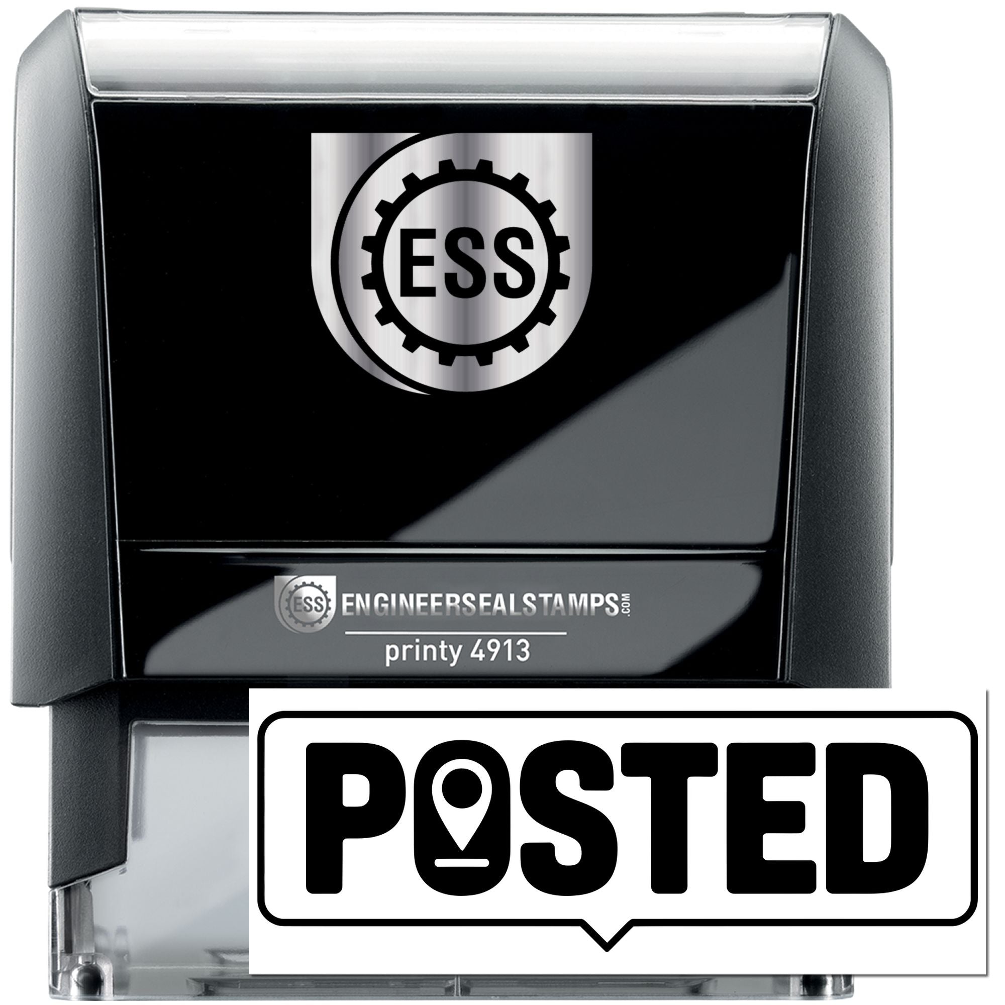 Black and silver self-inking stamp and seal featuring ESS logo and bold POSTED imprint