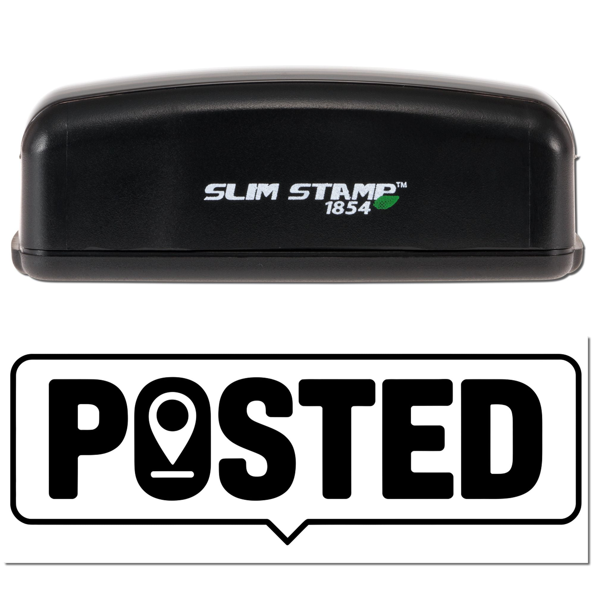 Black Slim Stamp 1854 self-inking stamp with white logo and green leaf icon above a bold black POSTED seal on white.