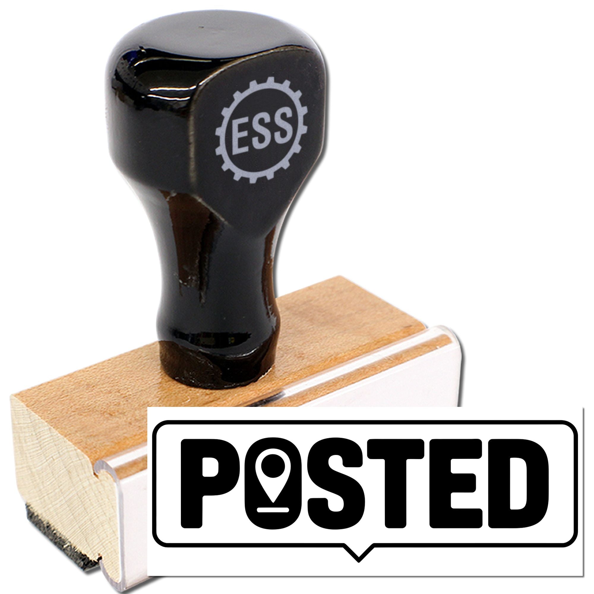 Black self-inking stamp with ESS logo and wooden rubber seal, shown with bold POSTED imprint on white background.
