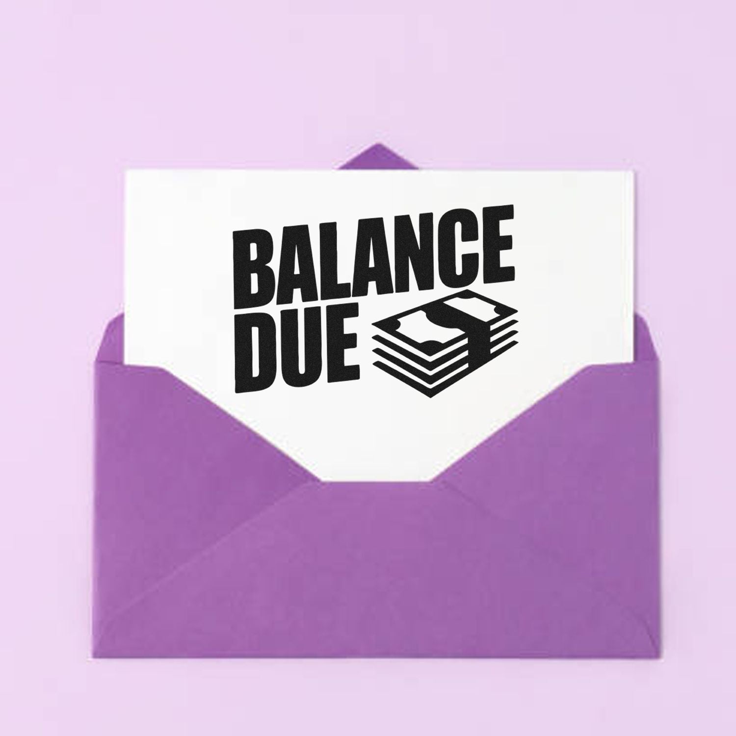 Purple envelope with white balance due stamp card and black stack-of-bills seal graphic