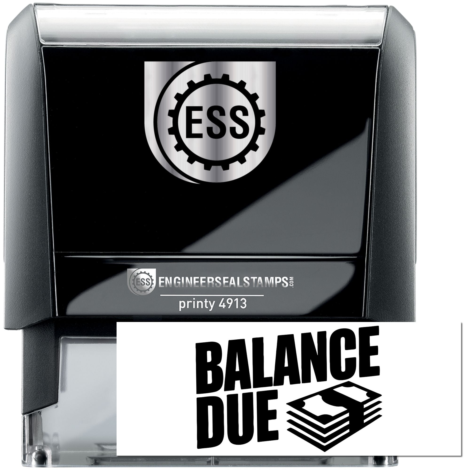 Black Engineer Seal self-inking stamp with silver ESS logo, black casing, and Balance Due imprint, printy 4913