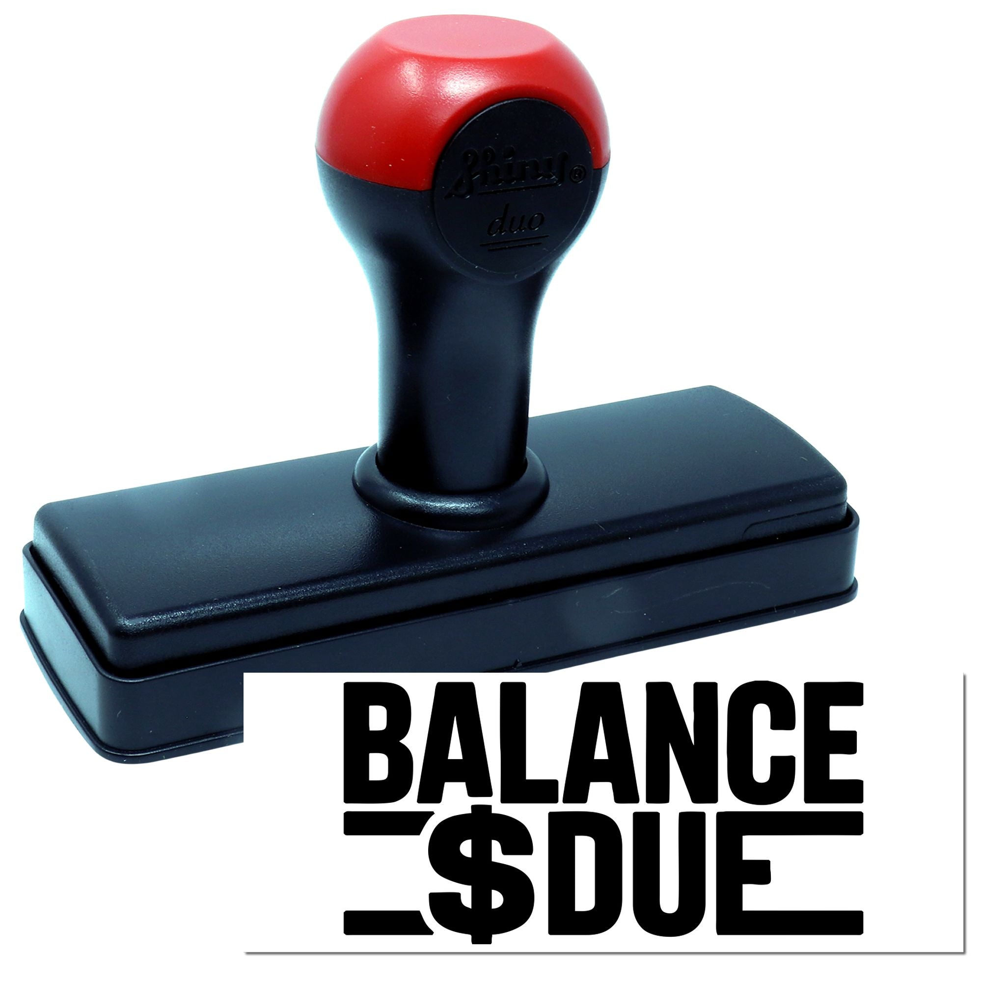 Red and black self-inking balance due stamp with bold BALANCE $ DUE text for business documents.