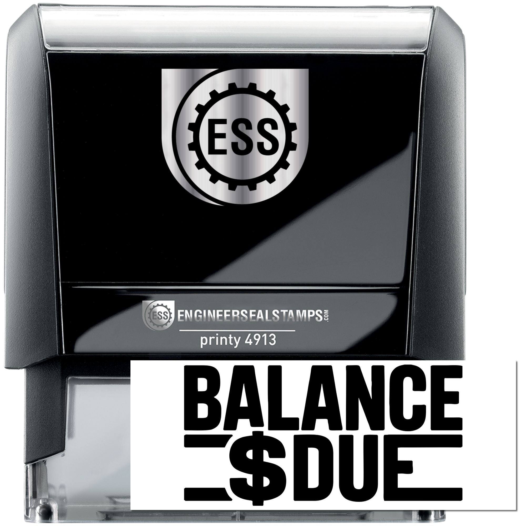 Black and gray self-inking engineer seal stamp with ESS logo and bold BALANCE $DUE text.