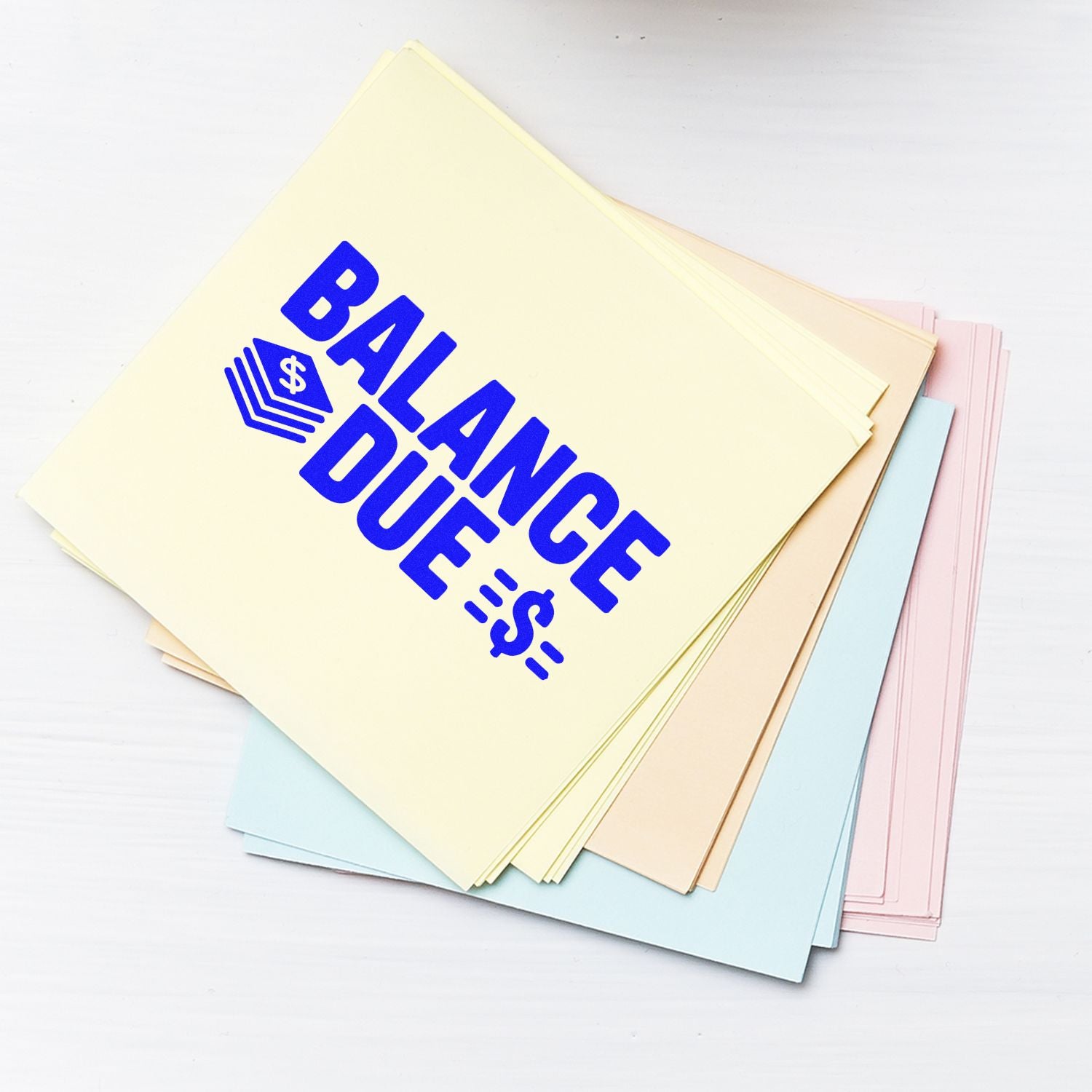 Pastel stamp and seal cards stacked with bold blue BALANCE DUE seal and dollar icon in cream, pink, blue, and beige.