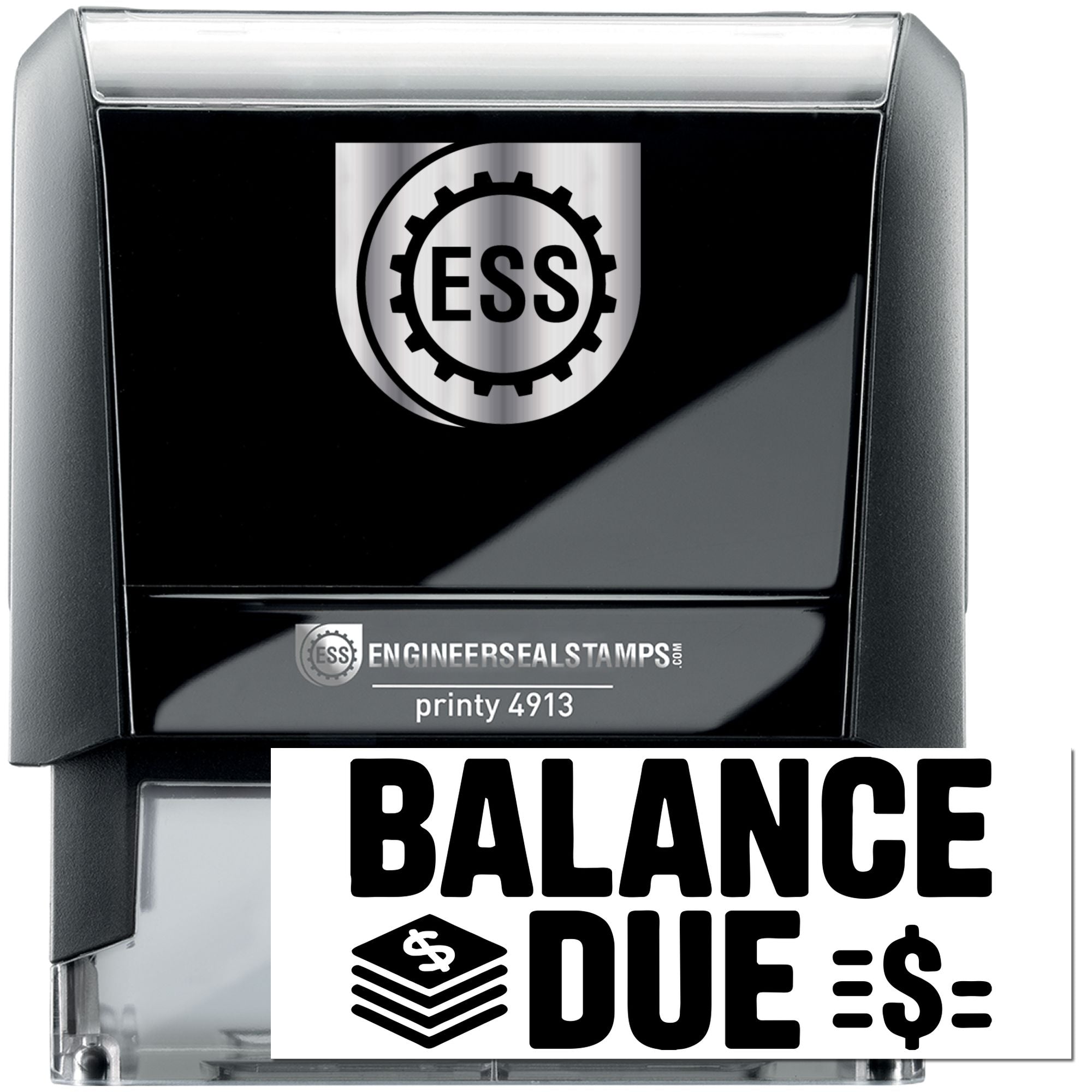 Black self-inking Balance Due stamp and seal with ESS logo, silver accents, and dollar sign icon.