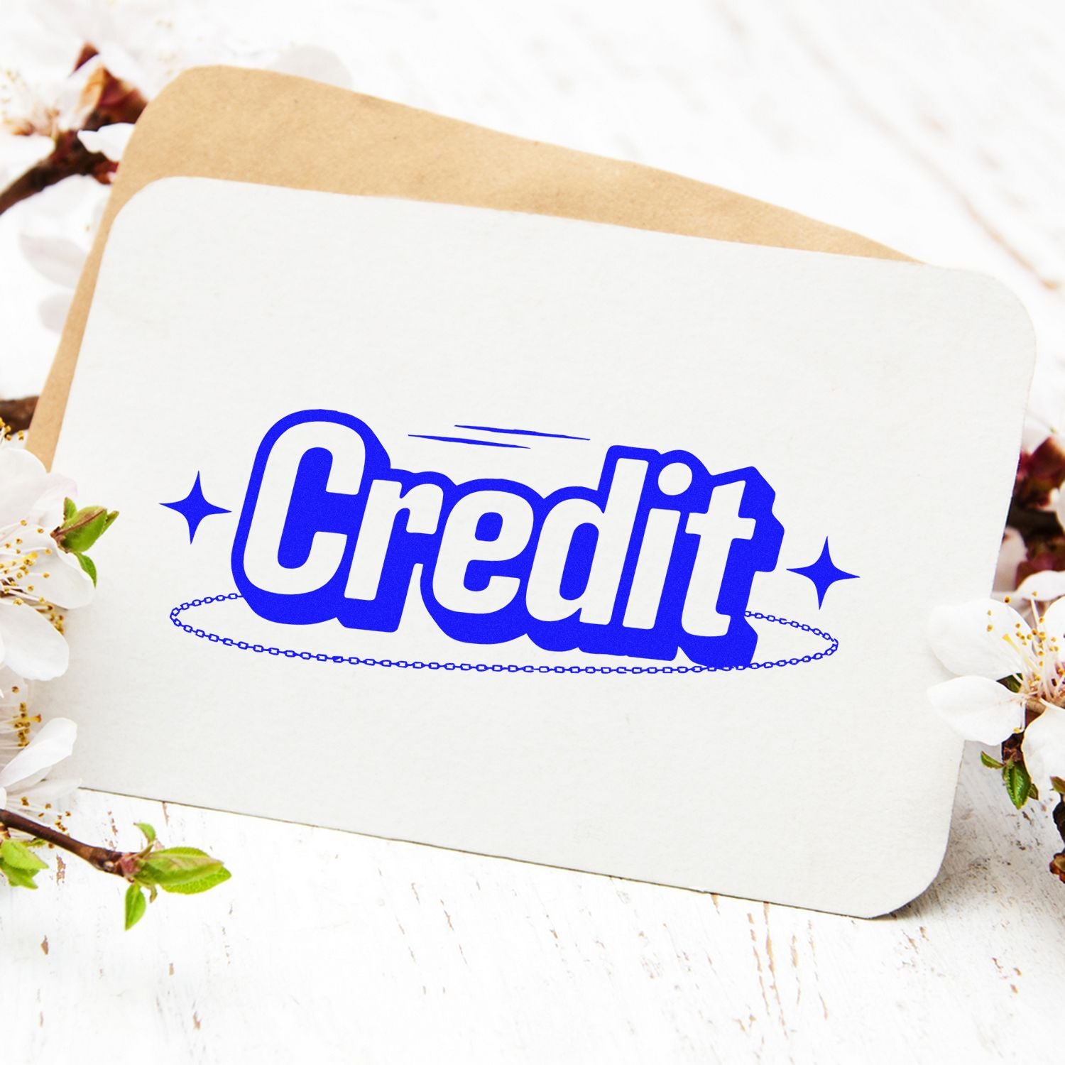 Blue Credit stamp and seal design on white card, with sparkle accents and oval seal outline, on a floral background.