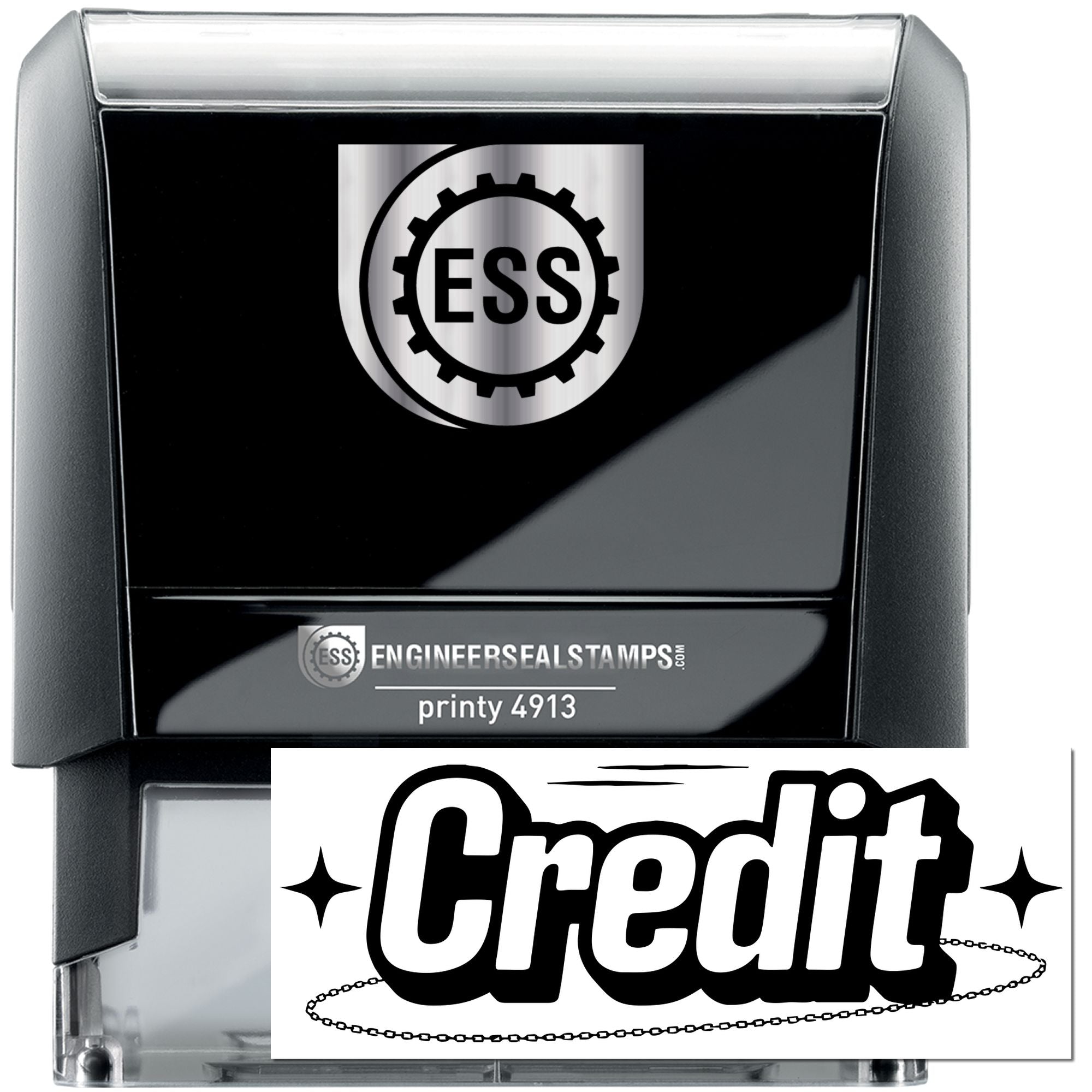 Black and silver ESS self-inking engineer seal stamp with Credit imprint and printy 4913 label.