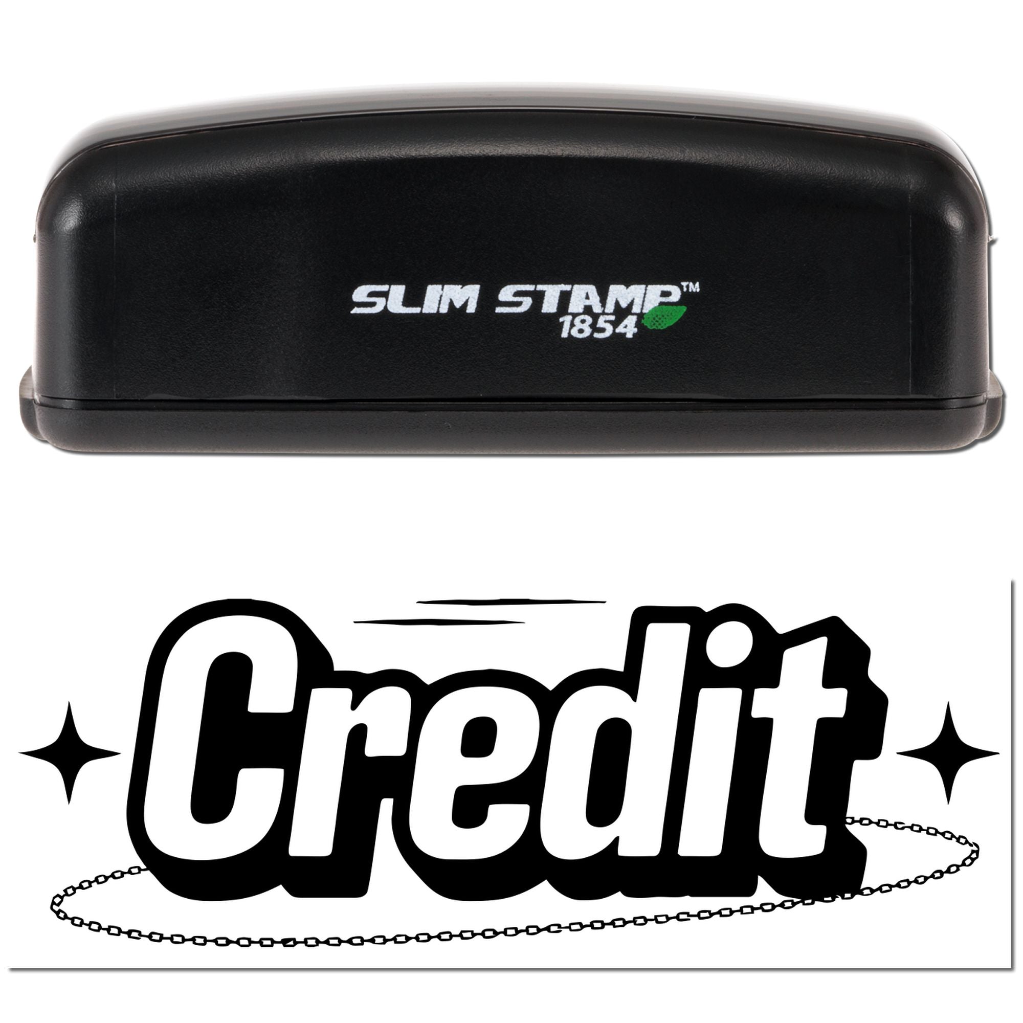 Black Slim Stamp 1854 self-inking stamp with white logo above bold black Credit seal graphic and chain motif.