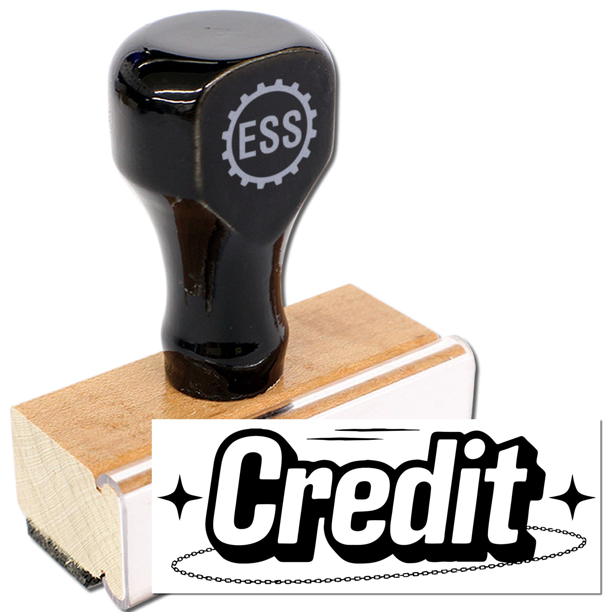 Black ESS custom stamp on wooden block with white Credit seal design label.