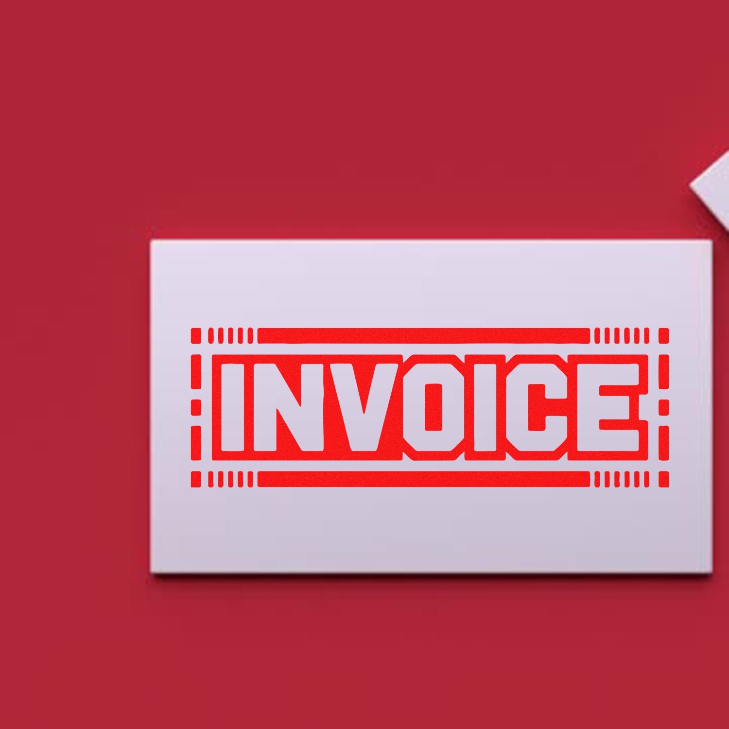 Red invoice stamp seal on a white card against a deep red background.