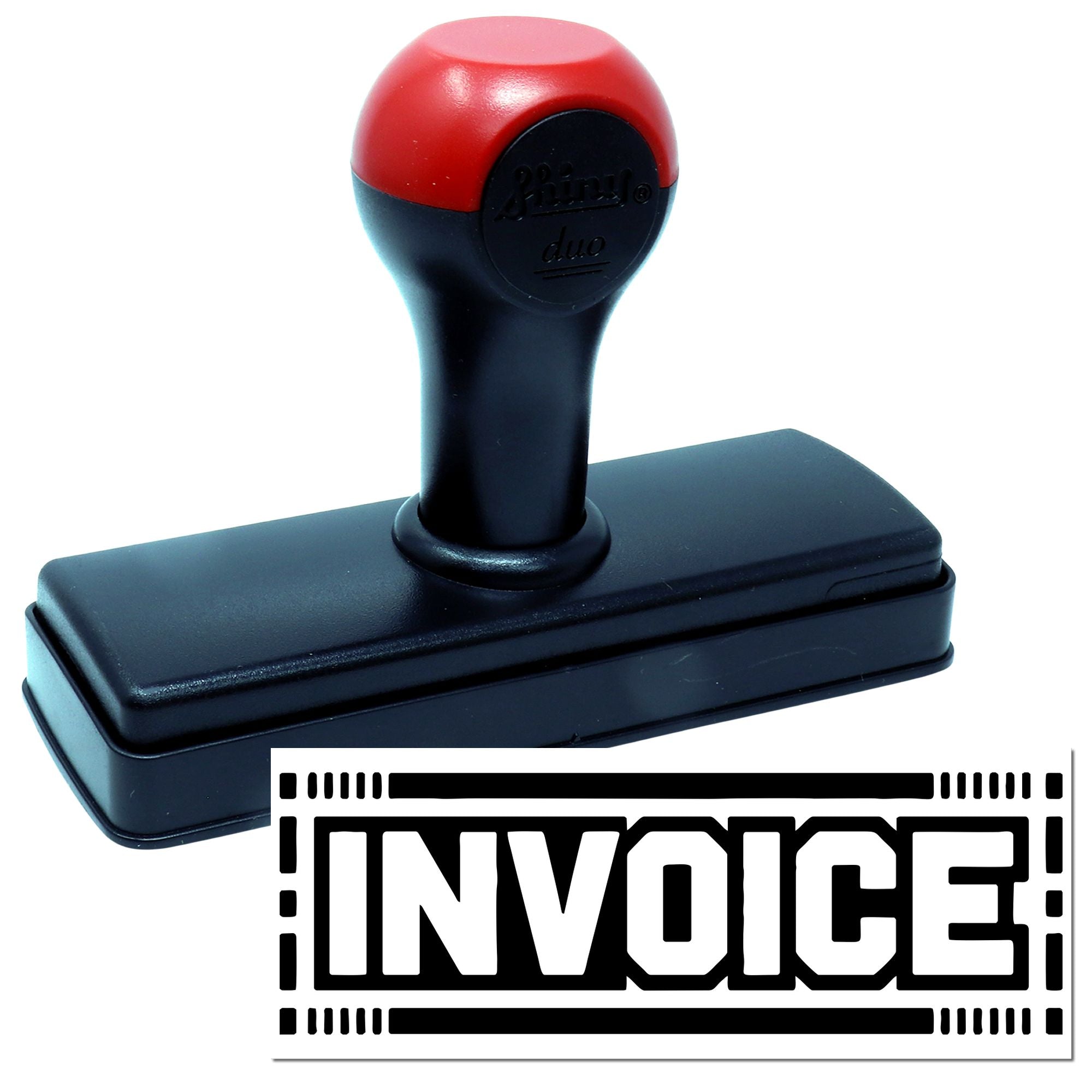 Red-and-black self-inking invoice stamp and seal with rectangular base and bold black invoice imprint.