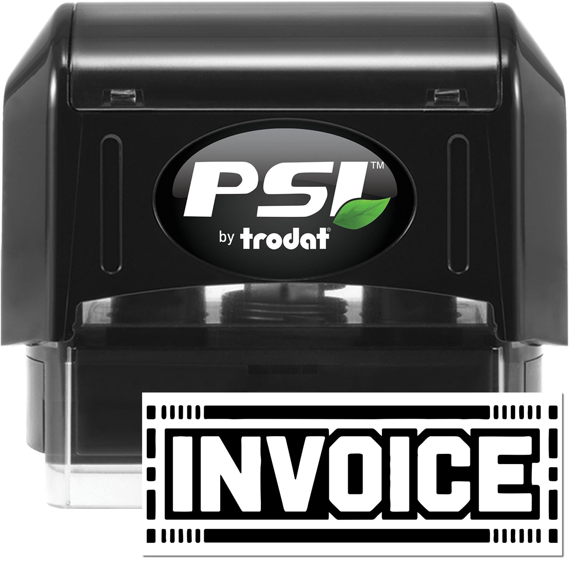 Black PSI by Trodat self-inking stamp and seal with bold white INVOICE imprint
