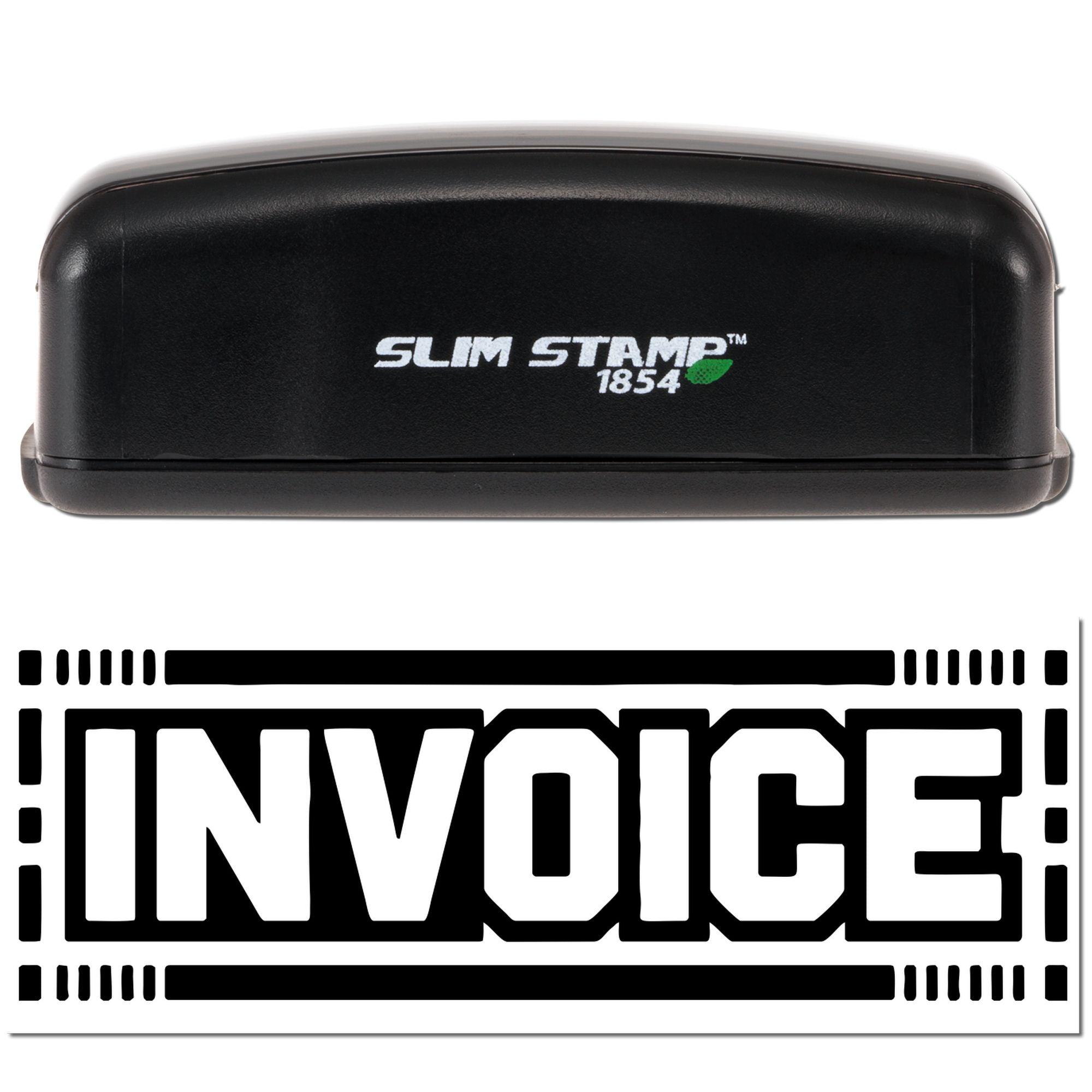 Black Slim Stamp 1854 self-inking stamp with bold black INVOICE seal imprint on a white background