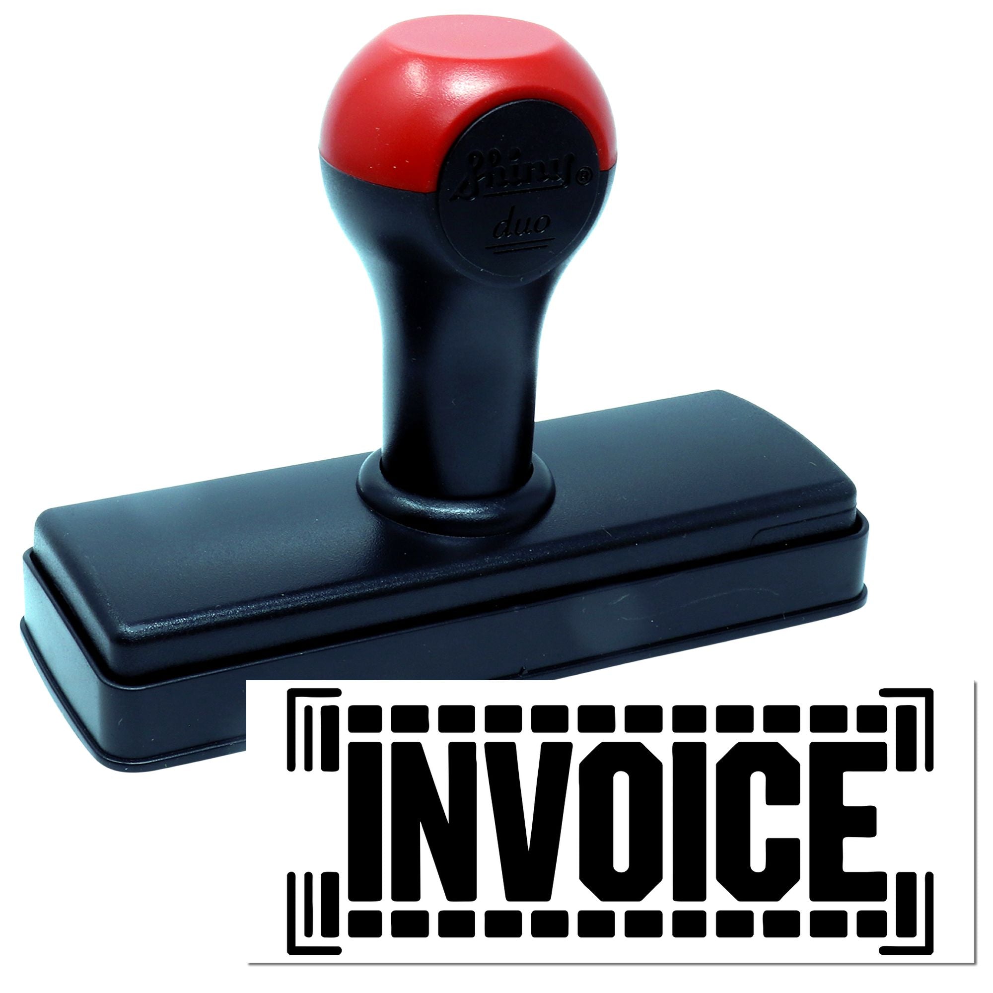 Red and black self-inking invoice stamp and seal with rectangular base and bold INVOICE imprint.