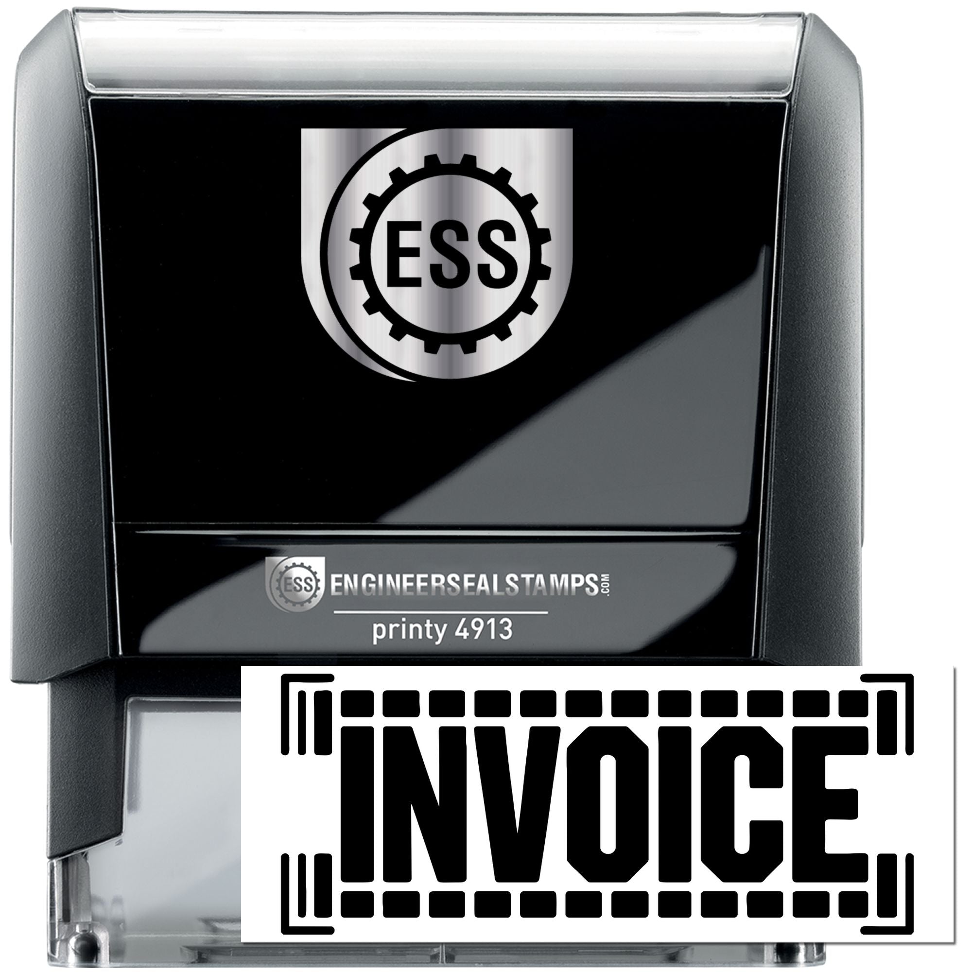 Black self-inking engineer seal stamp with silver ESS logo and bold invoice imprint