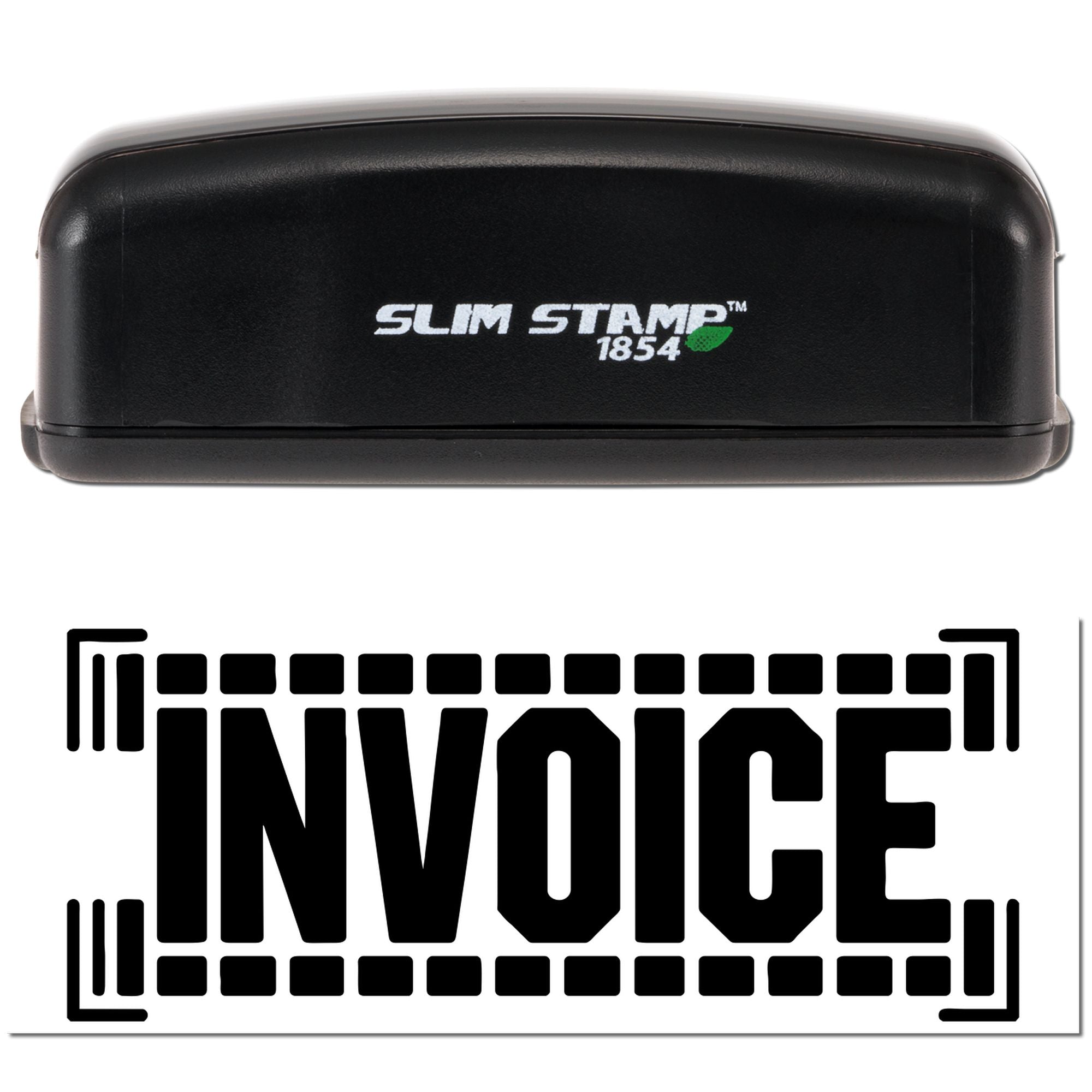 Black Slim Stamp 1854 embosser with bold black INVOICE seal on a white background.
