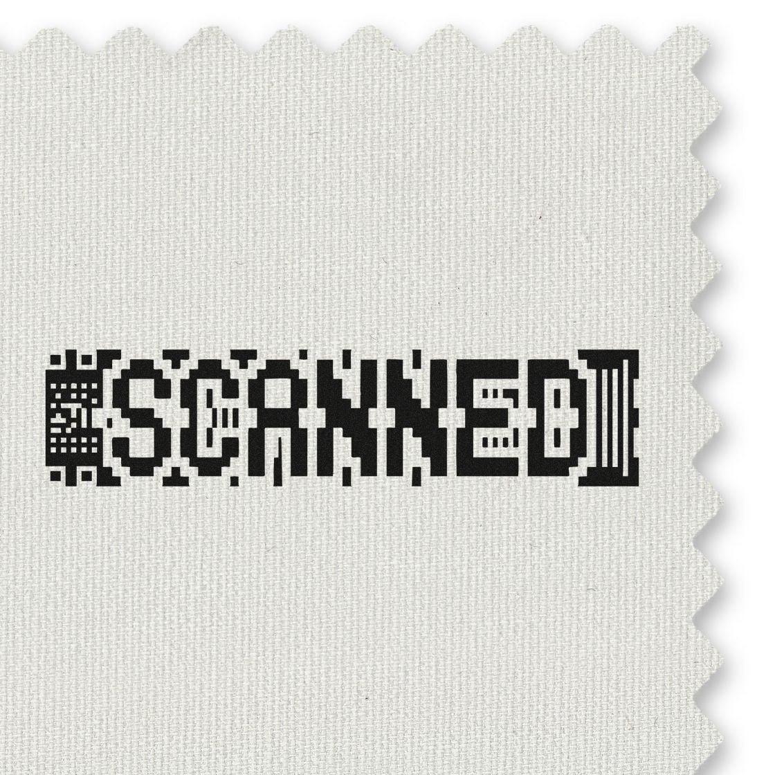 White textured fabric swatch with bold black SCANNED security stamp seal