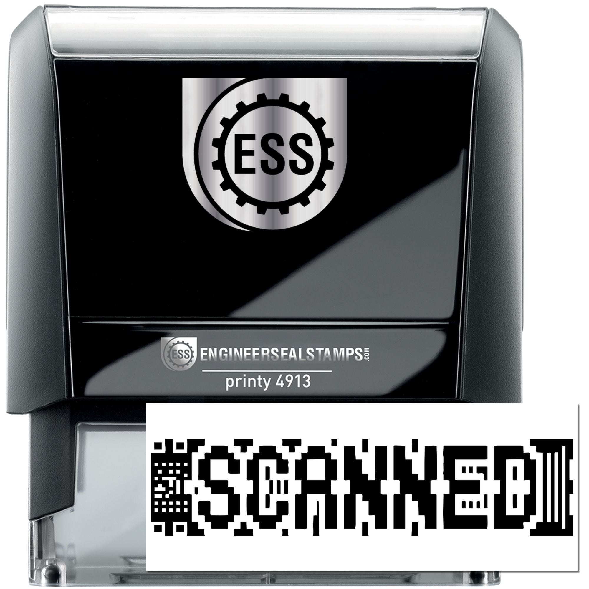 Black self-inking engineer seal stamp with ESS logo and white Printy 4913 label