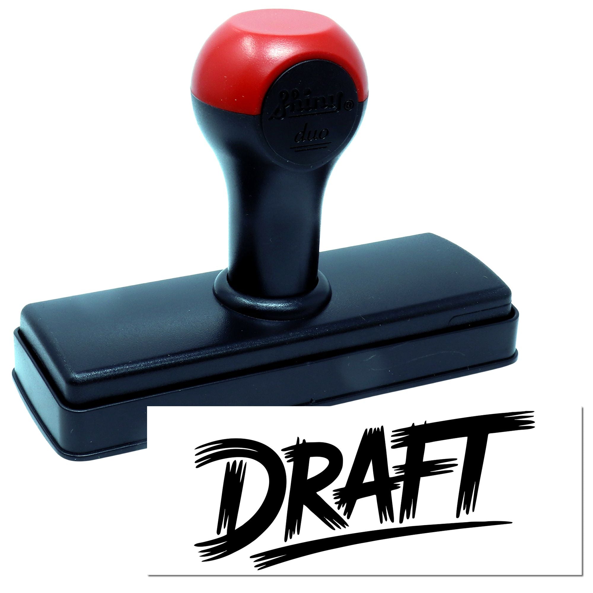 Red and black self-inking stamp and seal with a bold DRAFT imprint on white background.