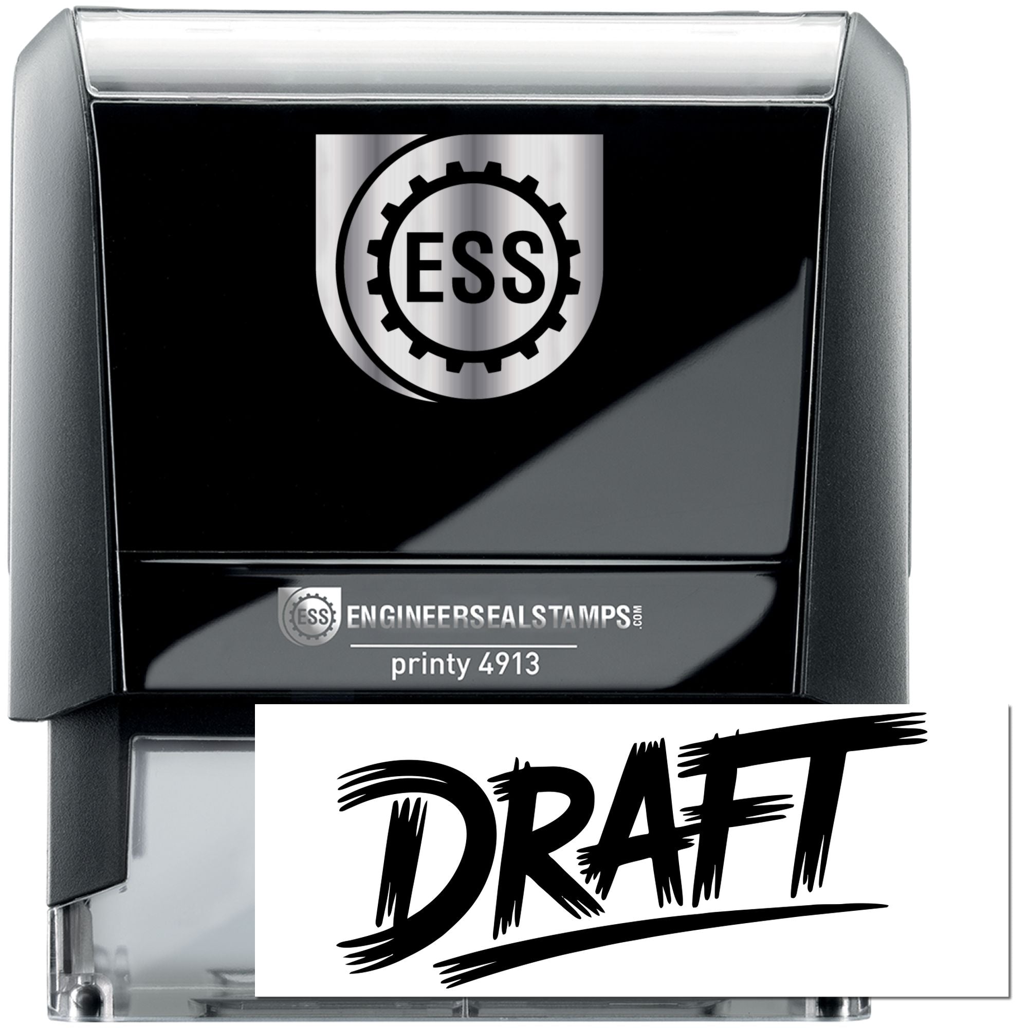 Black self-inking engineer seal stamp with silver-gray casing, ESS logo, Draft imprint, and Printy 4913 label.