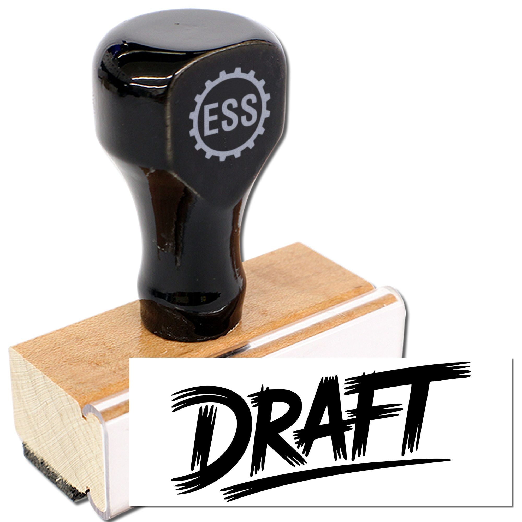 Black ESS rubber stamp with wooden base and bold DRAFT seal imprint
