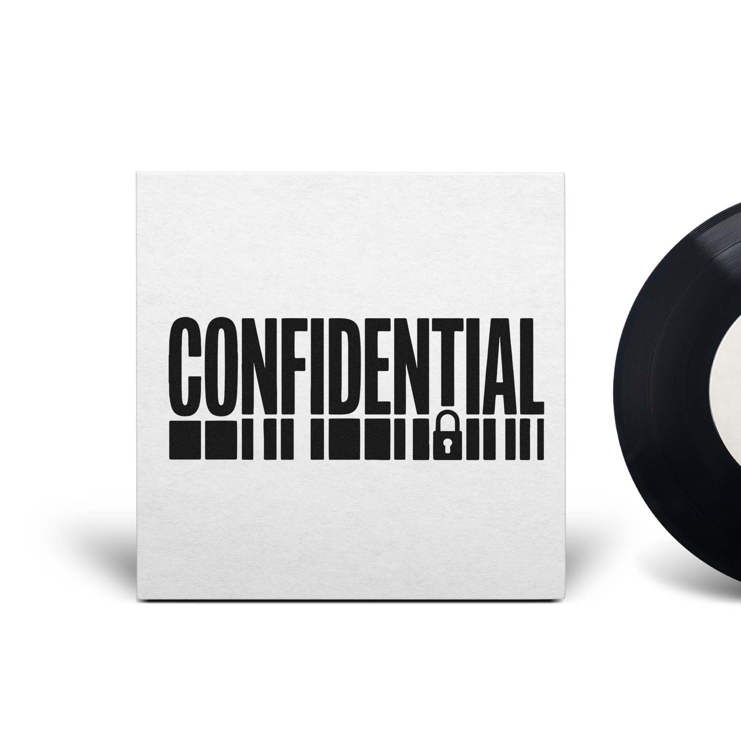 White confidential stamp and seal with black text, barcode bars, and padlock icon; black stamp edge visible.