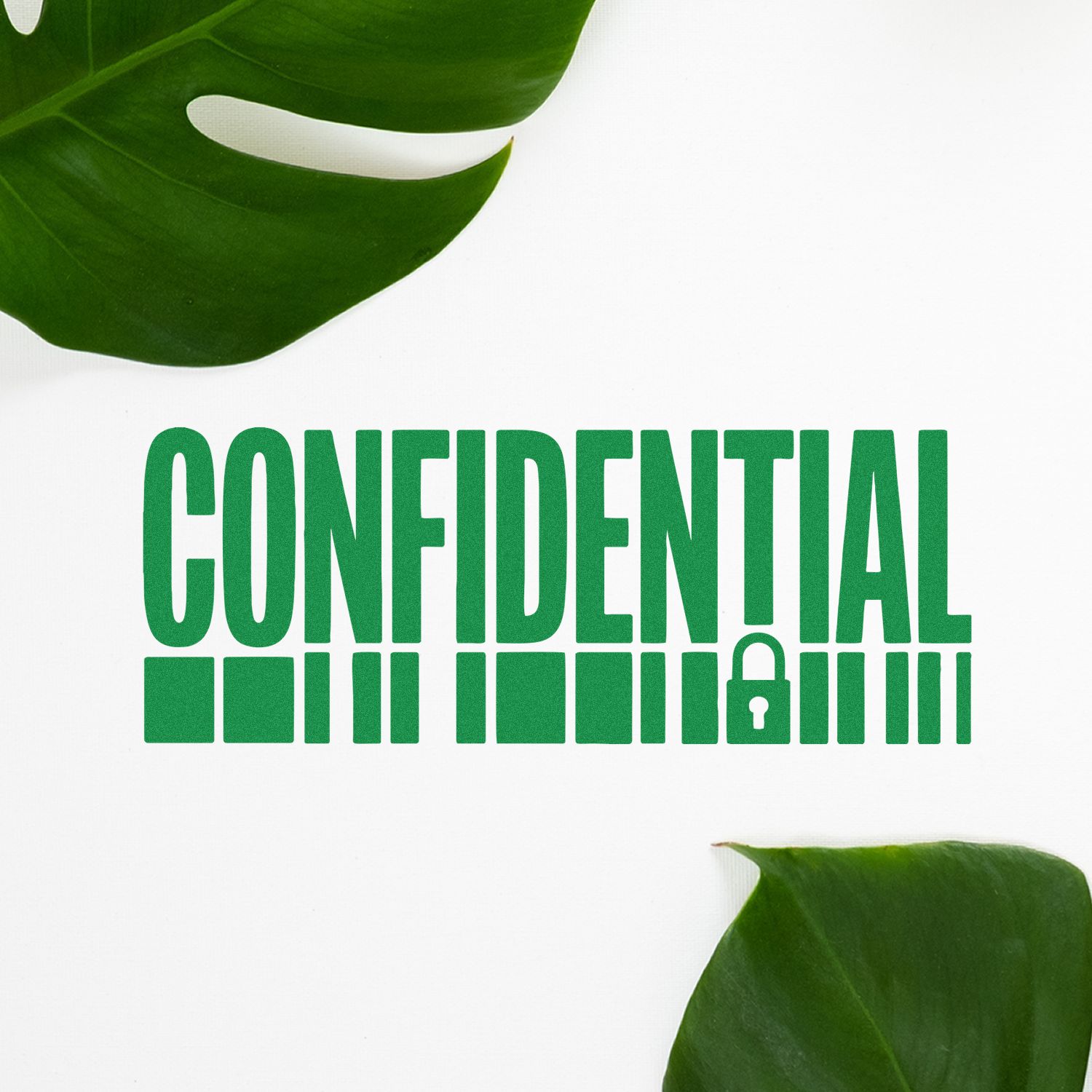 Green confidential stamp and seal design with lock icon and tropical leaves on a white background.