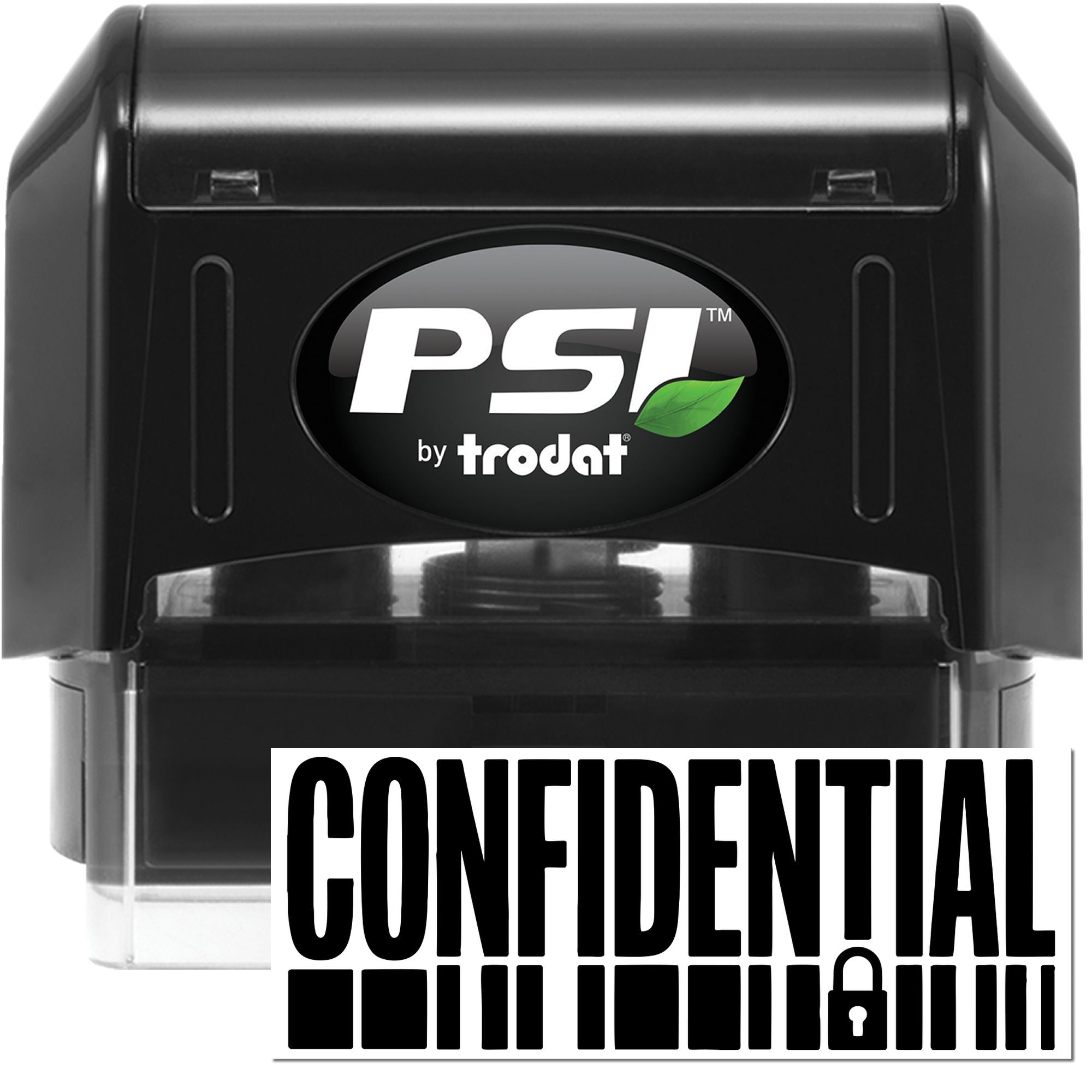 Black PSI by Trodat self-inking stamp and confidential seal, black with white lettering and green leaf logo on white background.