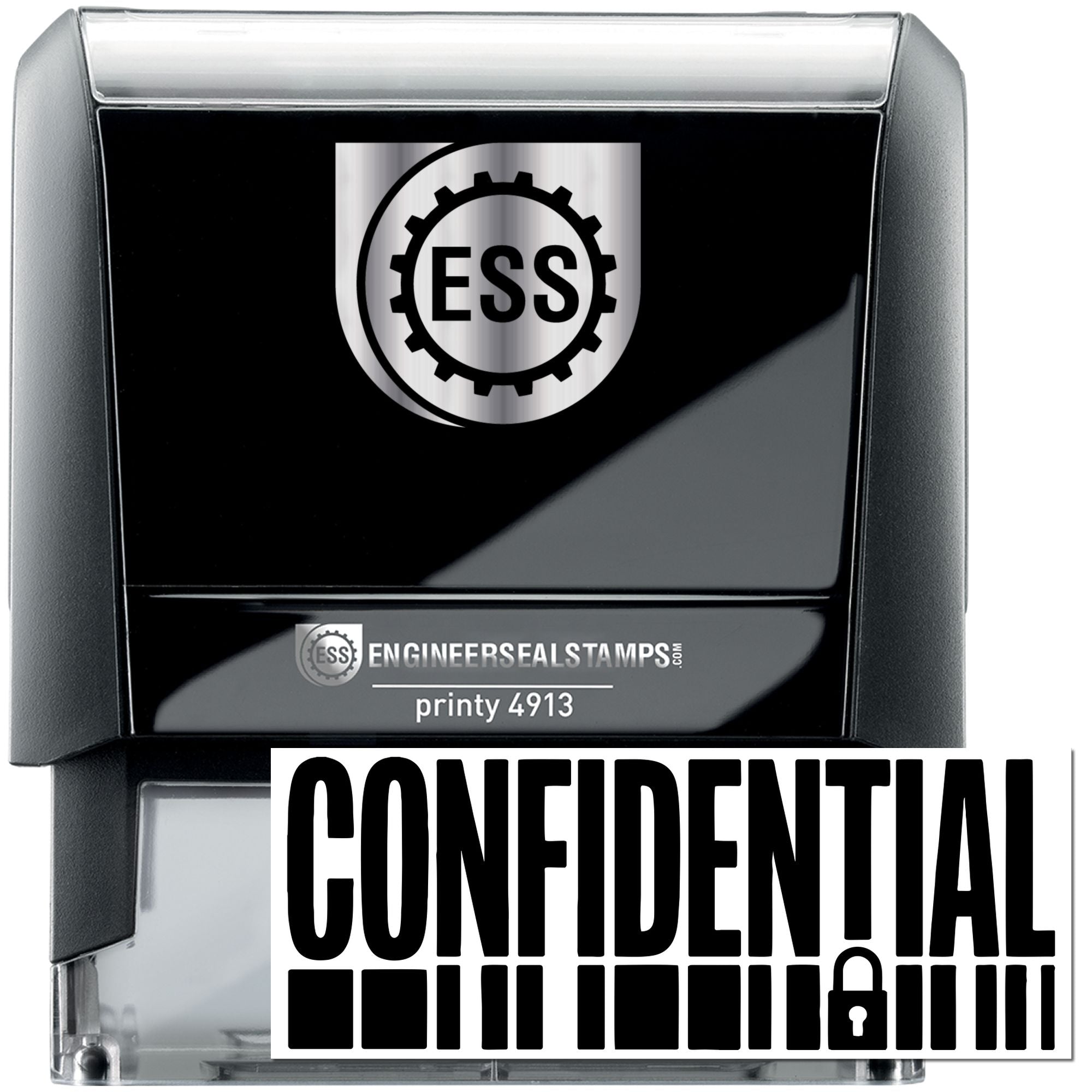 Black and silver ESS engineer seal stamp, Printy 4913, with confidential lock icon and bold white branding.