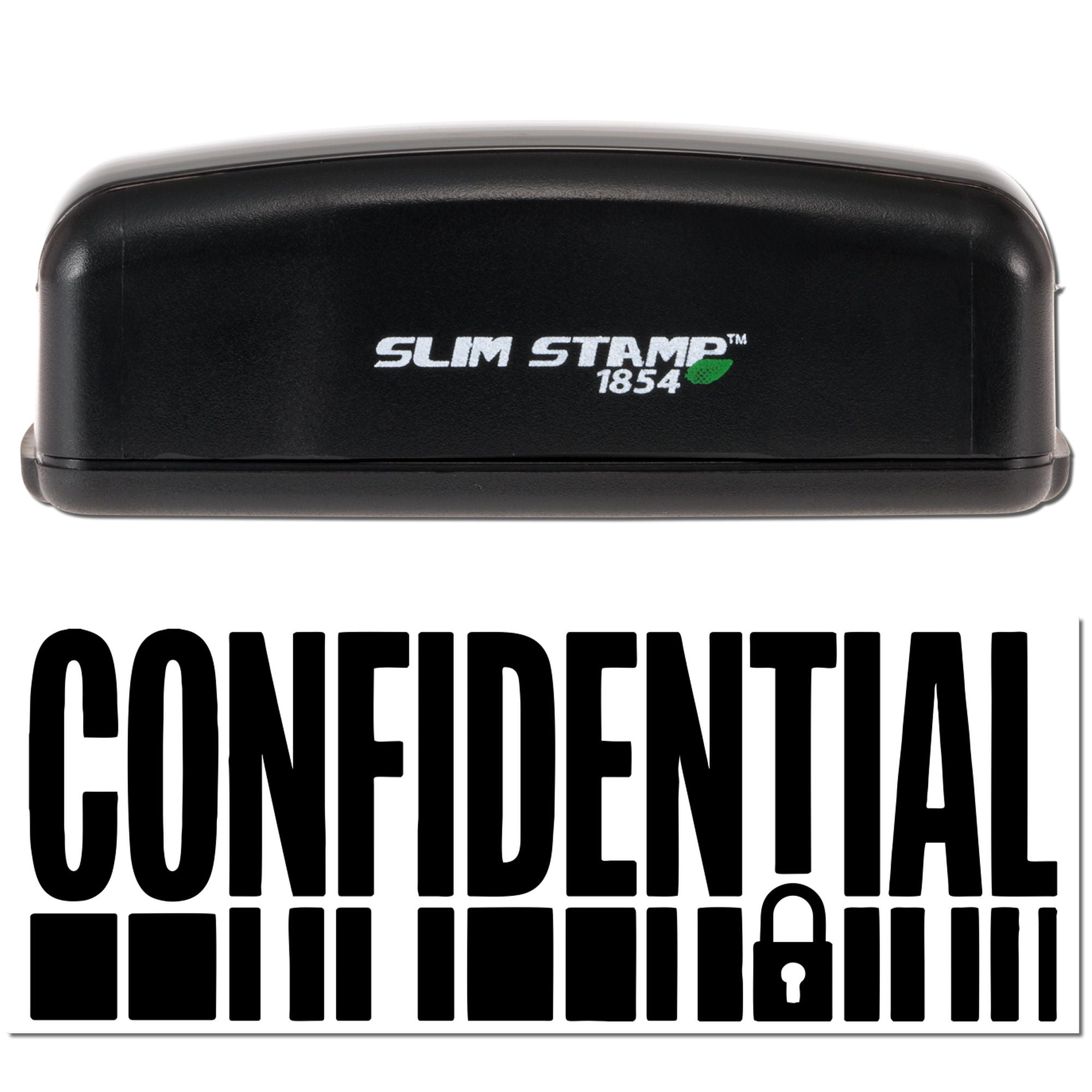 Black Slim Stamp 1854 self-inking stamp and confidential security seal graphic with green accent and lock icon
