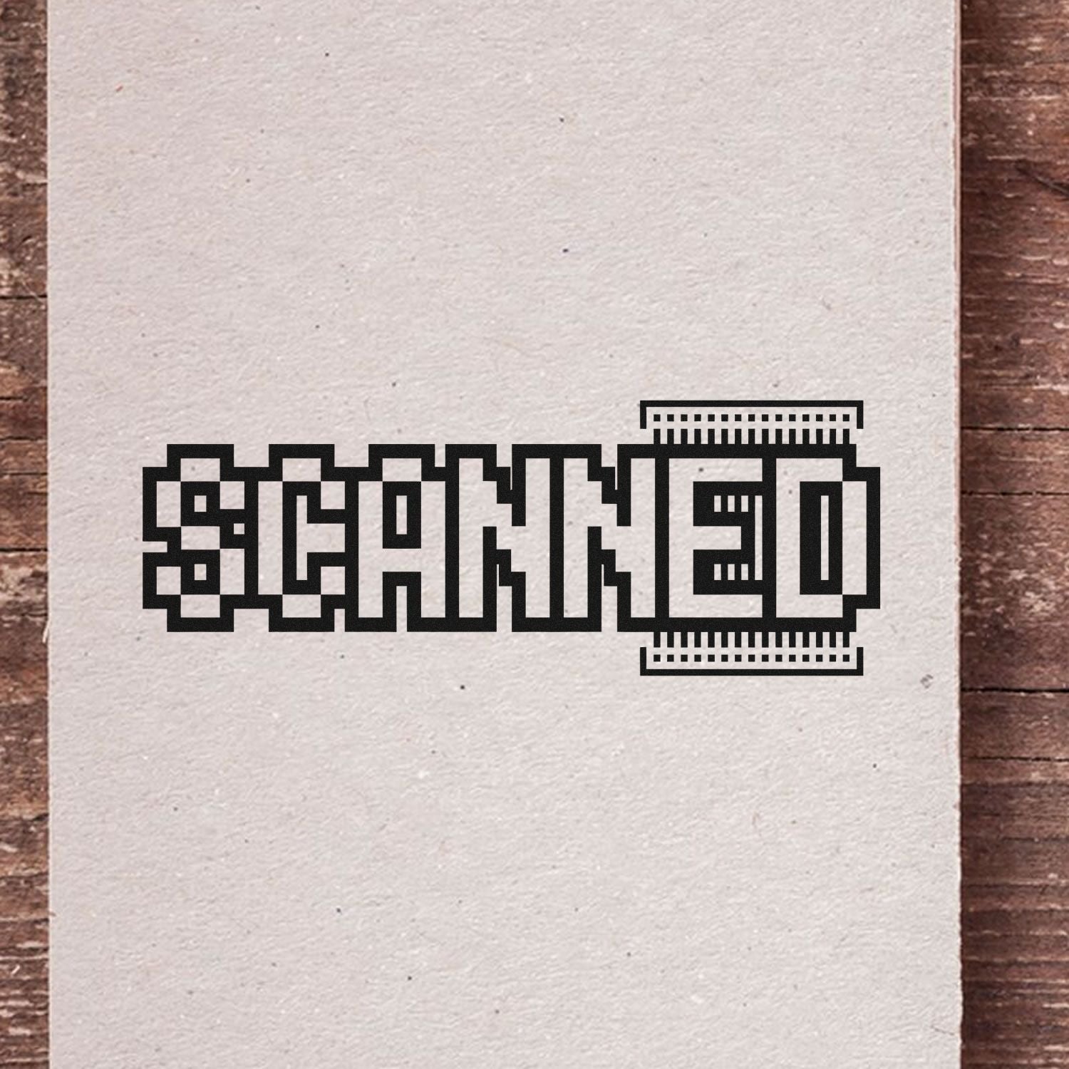 Black SCANNED stamp seal on textured white paper with bold pixel-style lettering.