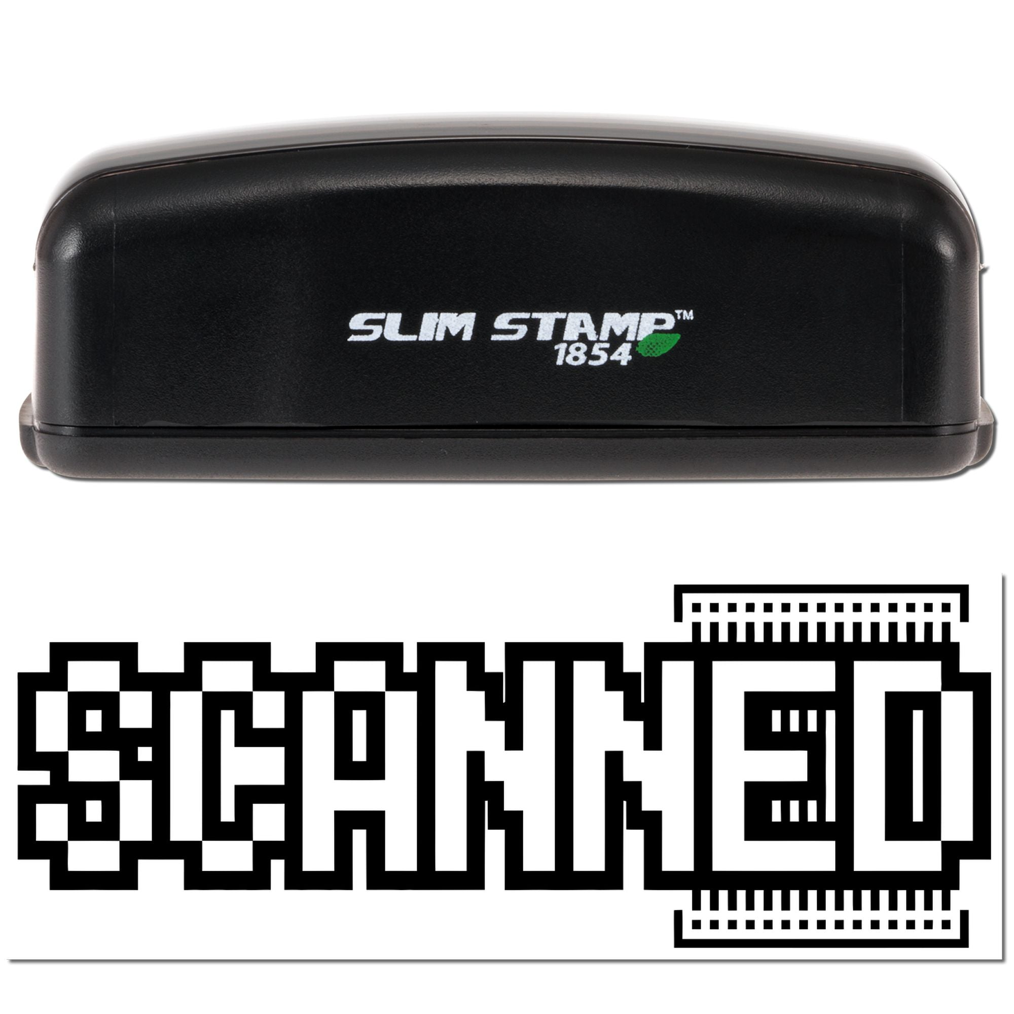 Black Slim Stamp 1854 handheld embosser with matching bold black seal impression on white background.