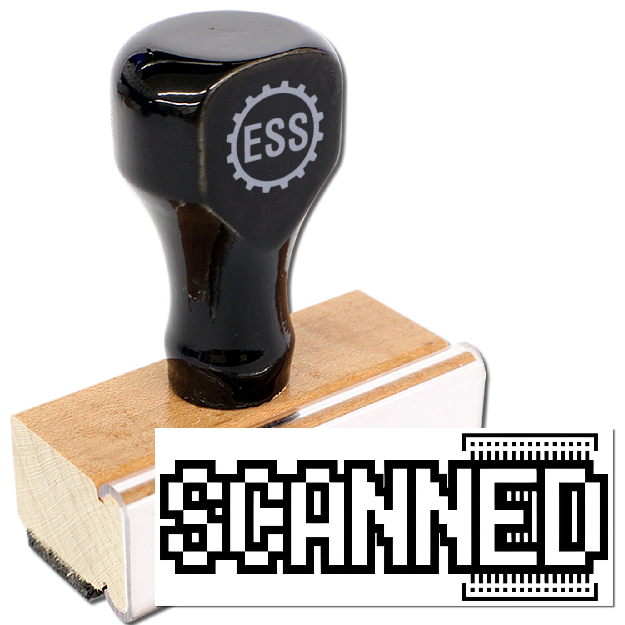 Black ESS rubber stamp with wooden base, showing a bold custom seal imprint on white