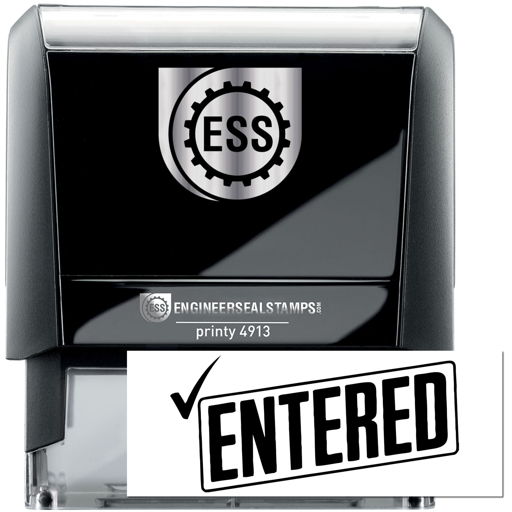 Black and silver self-inking engineer seal stamp with ESS logo and bold ENTERED imprint