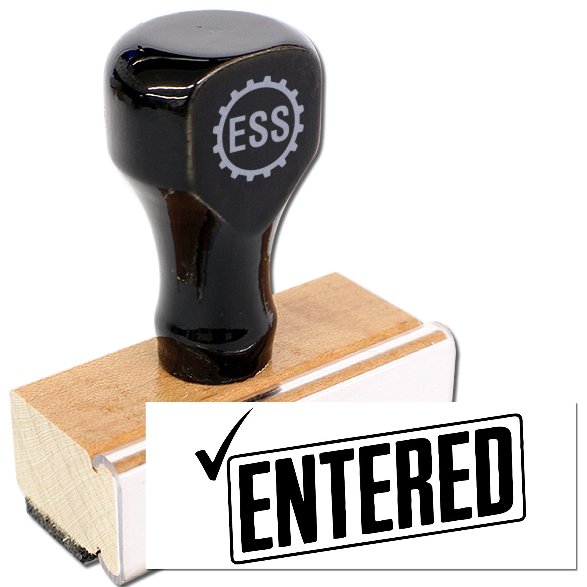 Black ESS stamp and seal on wooden base with white ENTERED imprint