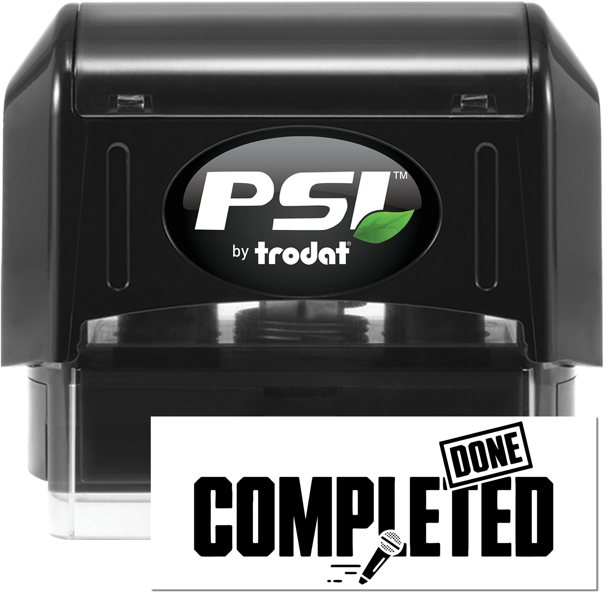 Black PSI by Trodat self-inking stamp and DONE COMPLETED seal on white background.