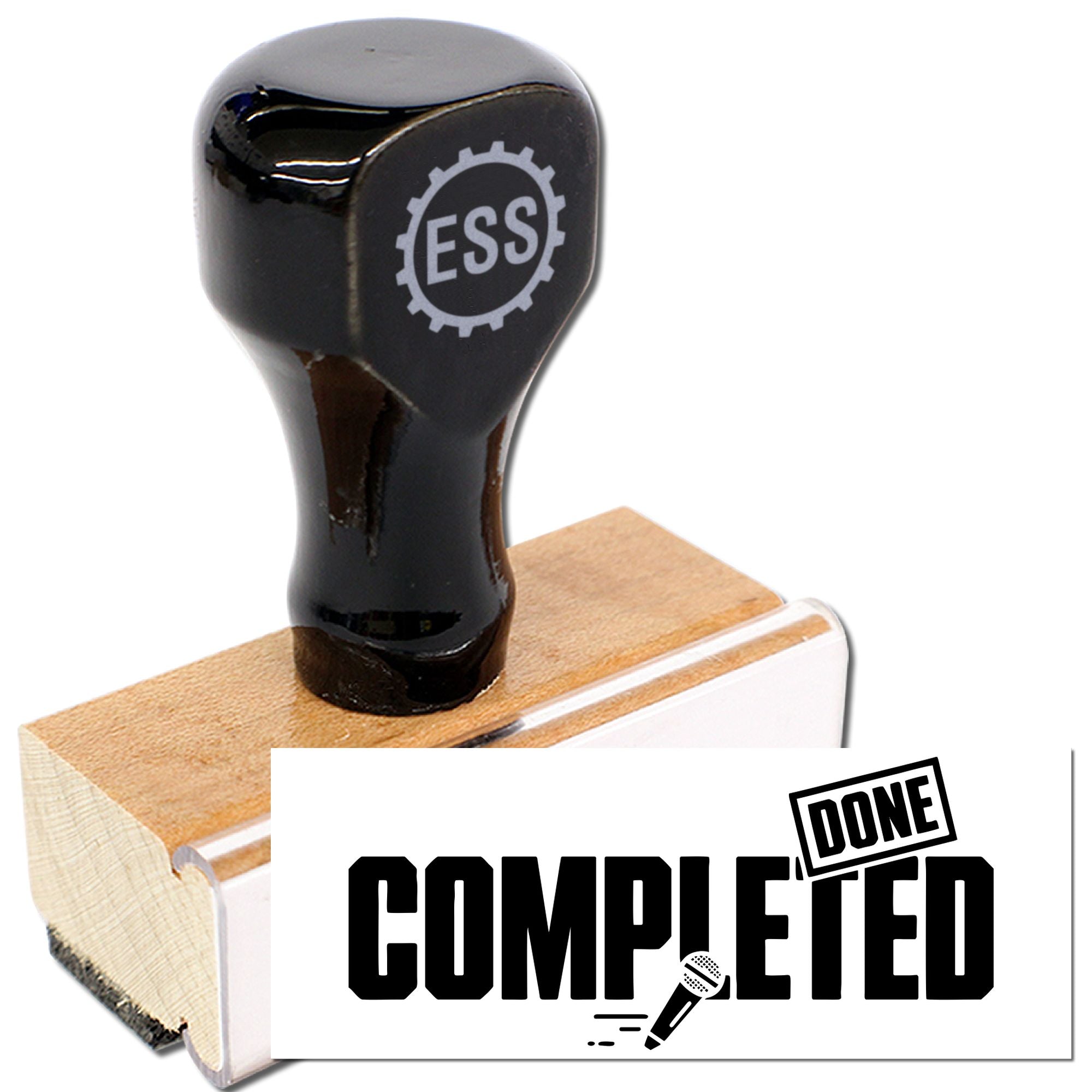 Black self-inking stamp and seal with wooden base, imprinting DONE on white paper.