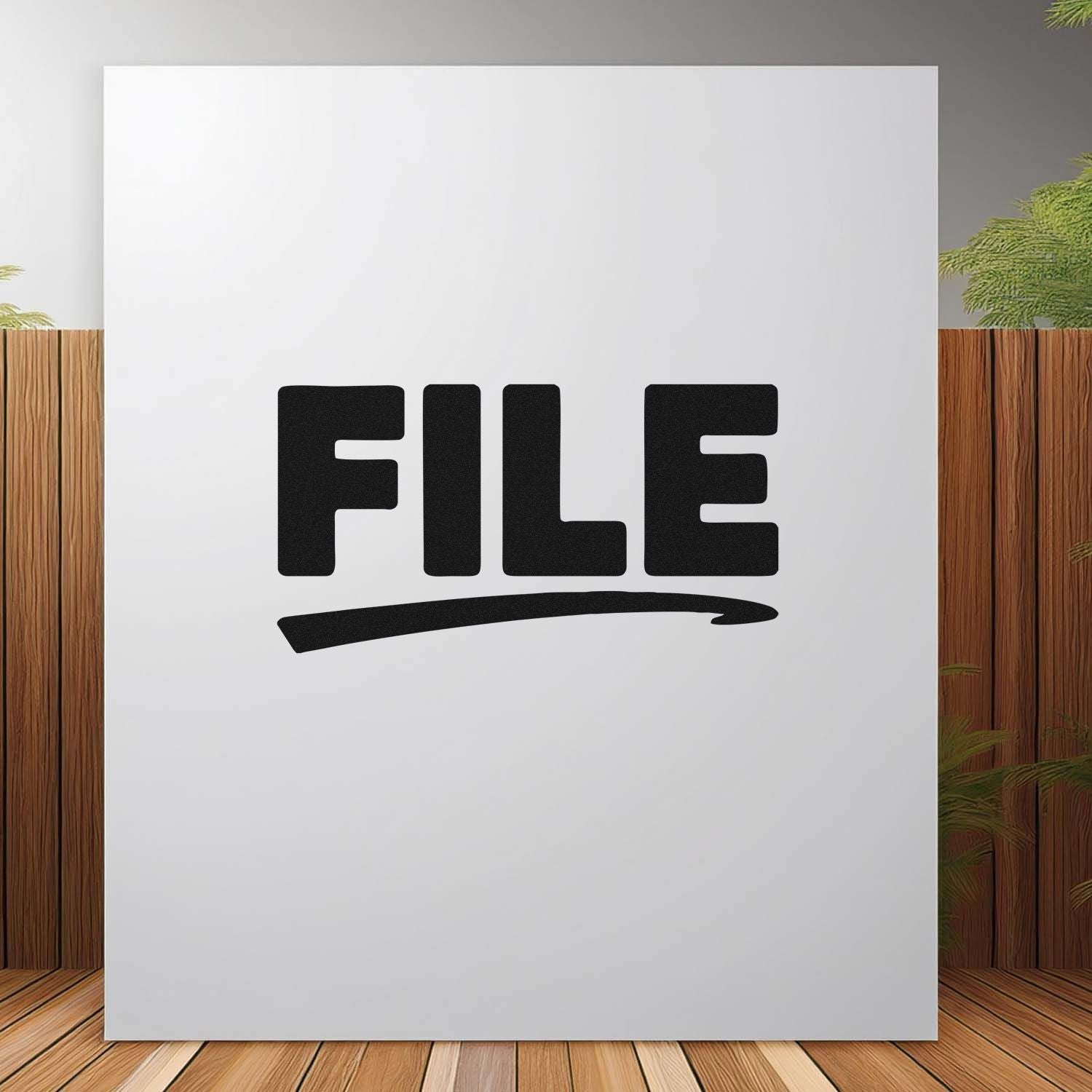 White stamp and seal product with bold black FILE text and underline on a clean wood backdrop.