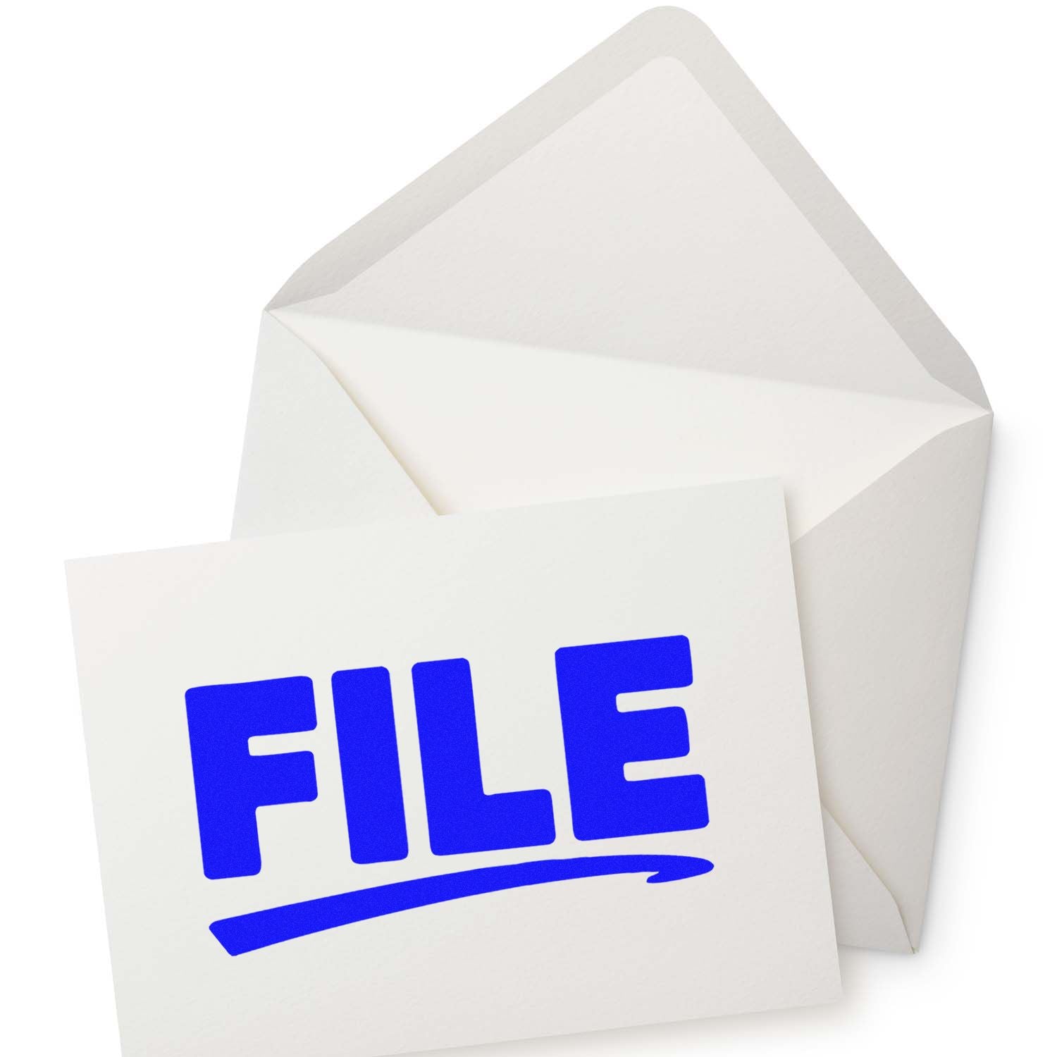 Blue FILE rubber stamp on white envelope and seal card