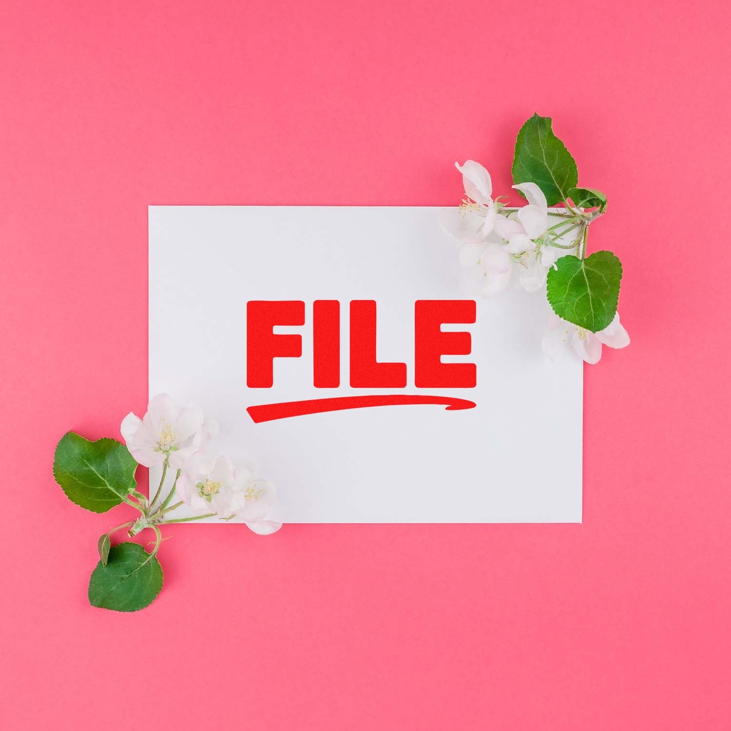 White card with red FILE stamp and underline, on a pink background with white blossoms and green leaves.