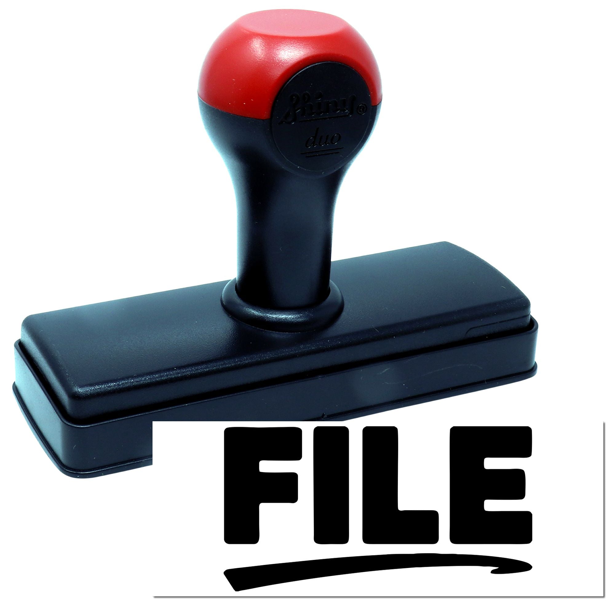 Red and black self-inking stamp and seal with rectangular base and bold FILE imprint.