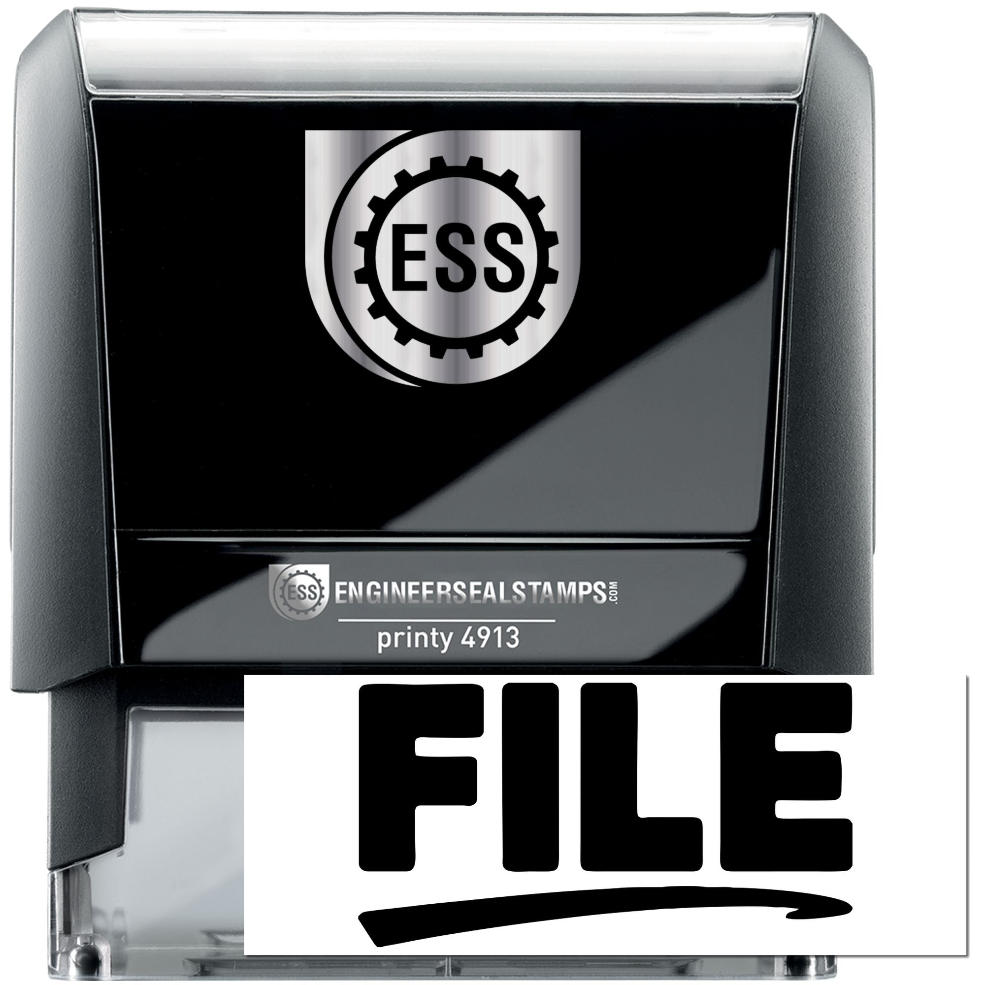 Black and silver ESS self-inking stamp and seal set with FILE imprint and ENGINEERSEALSTAMPS logo.