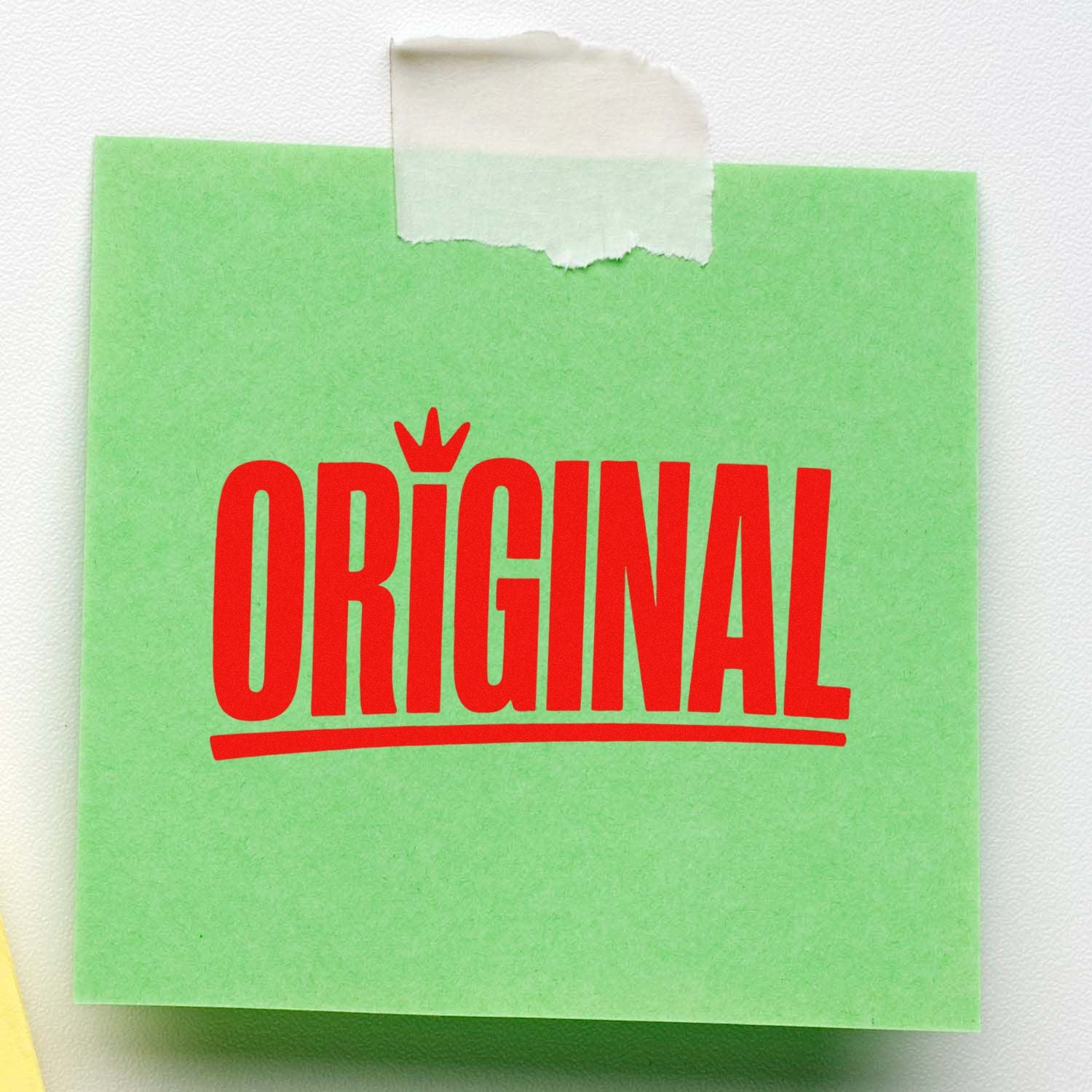 Green paper seal sample with bold red ORIGINAL stamp, crown icon, and white tape at the top.