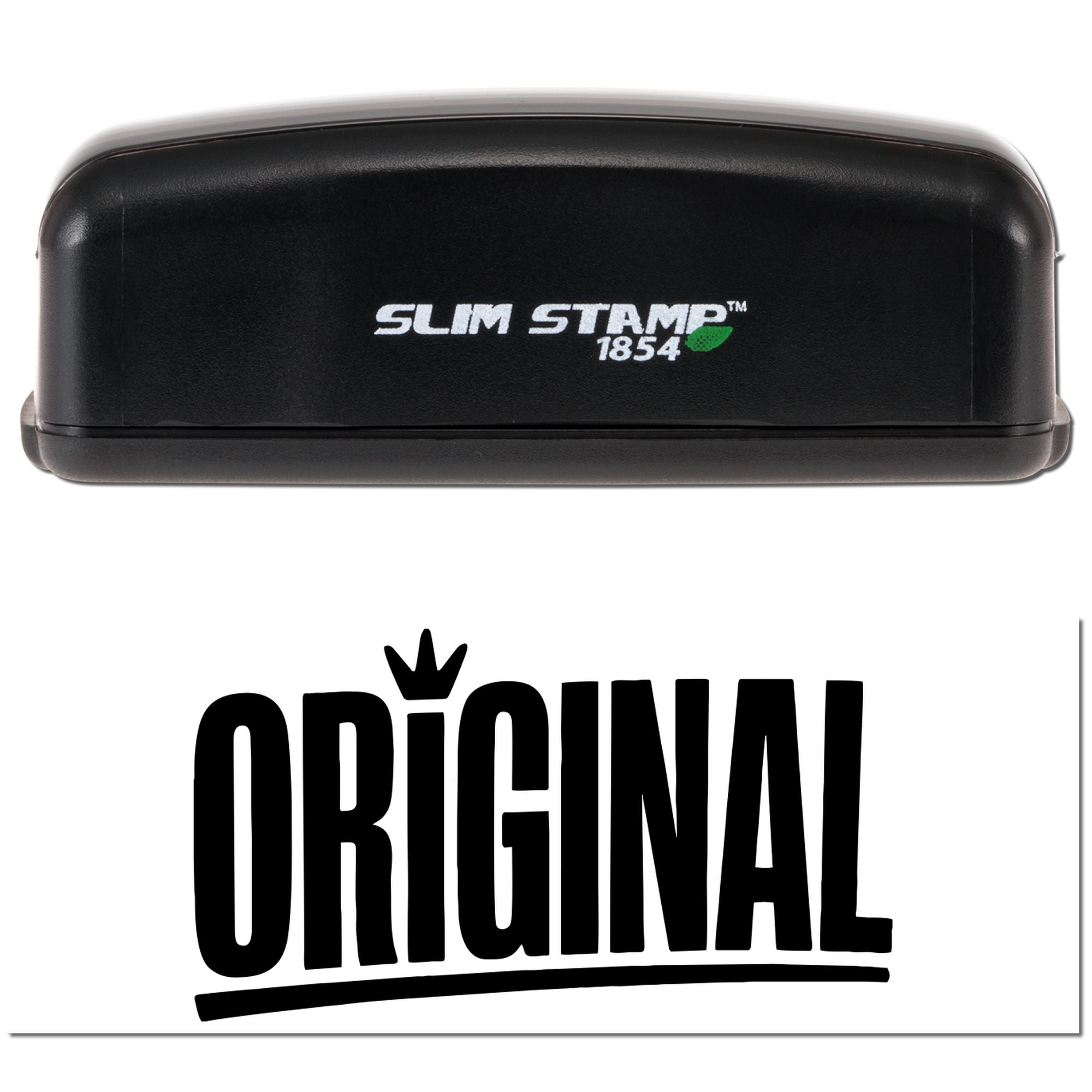 Black Slim Stamp 1854 self-inking stamp in black with white logo and green leaf, above bold Original seal text.