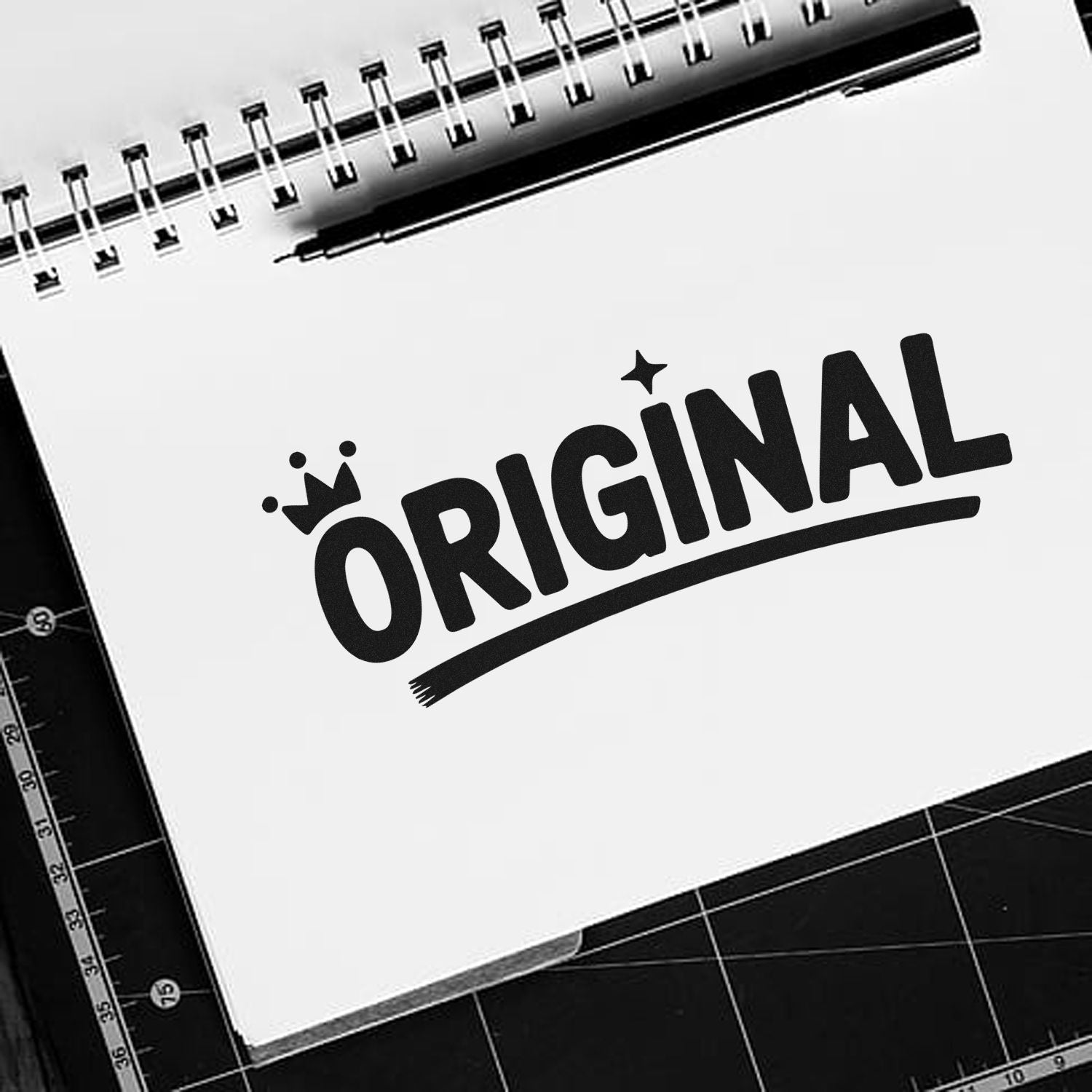 Black-and-white custom stamp seal on spiral notebook, bold ORIGINAL logo with crown and underline on white page.