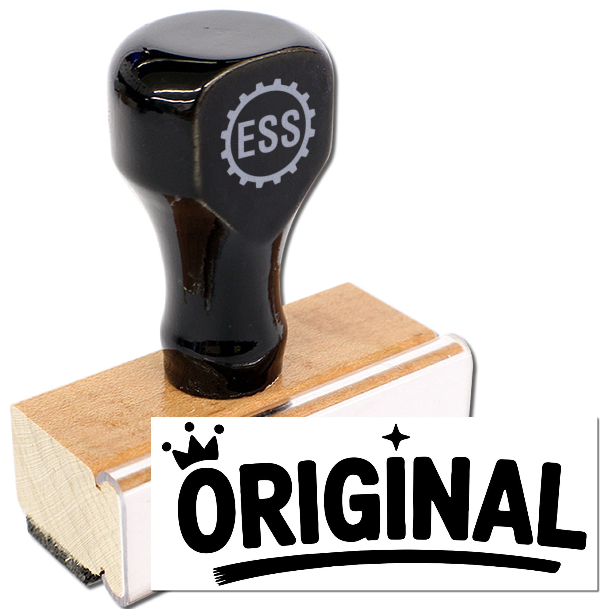 Black ESS hand stamp seal on a wooden base with clear acrylic edge and bold ORIGINAL branding.