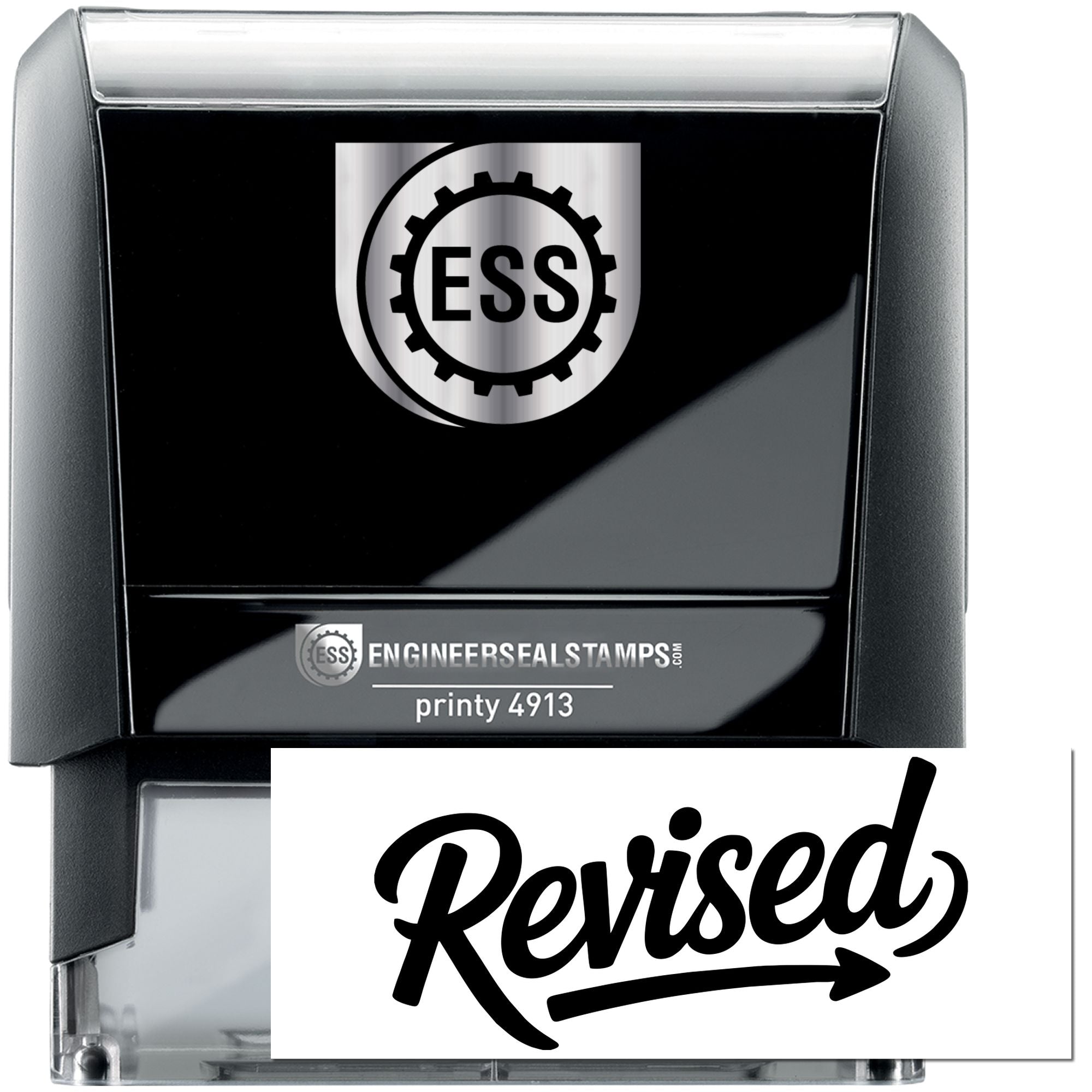 Black and gray Engineer Seal Stamps Printy 4913 self-inking stamp with ESS logo and Revised seal on white label.