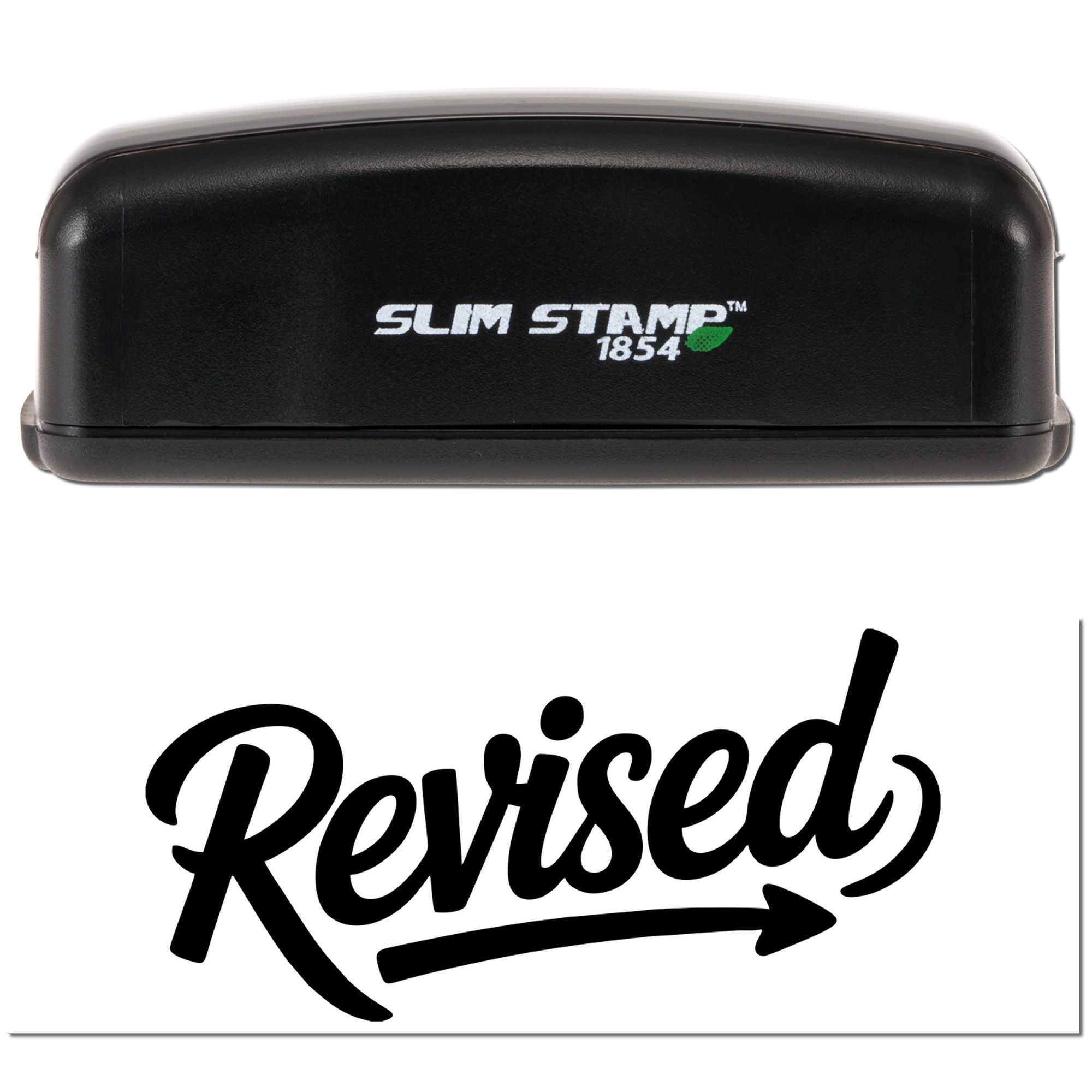 Black Slim Stamp 1854 self-inking stamp with white logo and green leaf, above a bold black Revised seal.