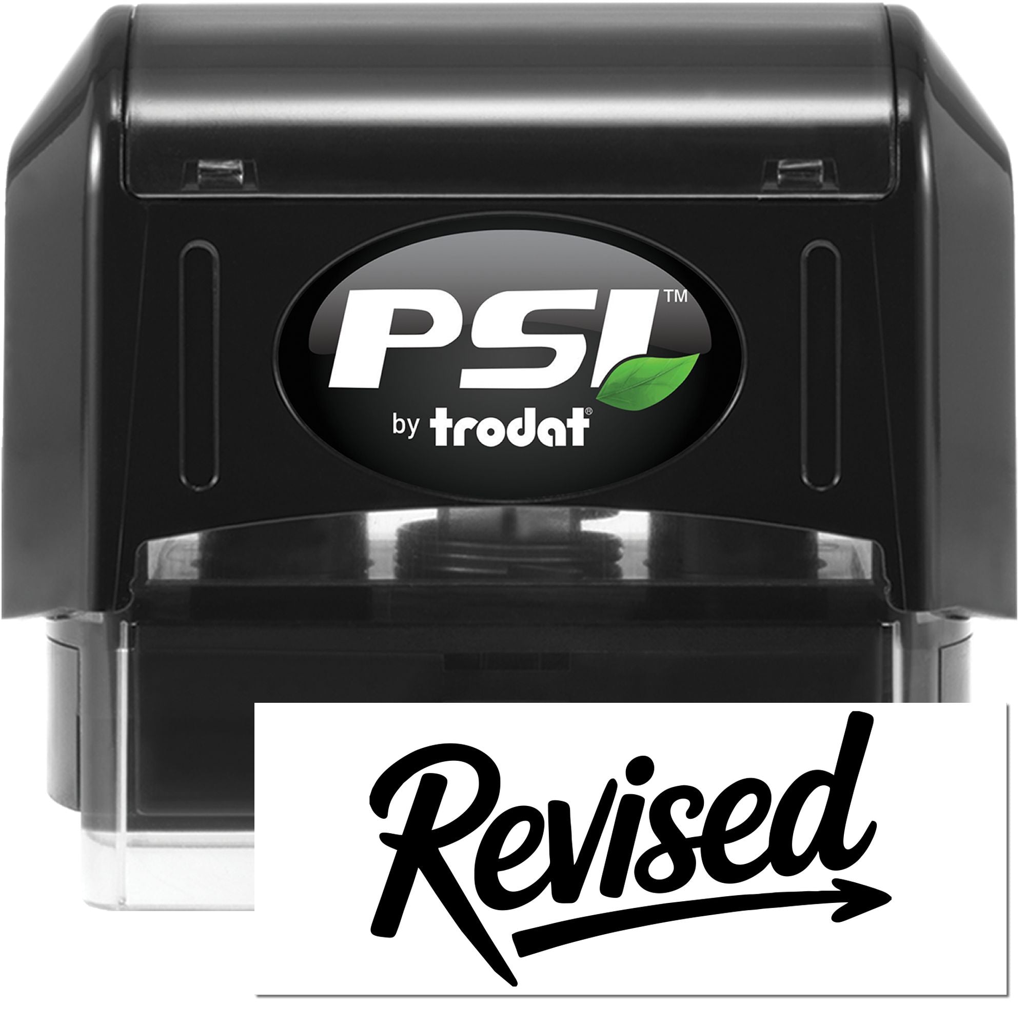 Black self-inking PSI by Trodat stamp and seal with green leaf logo and Revised imprint.